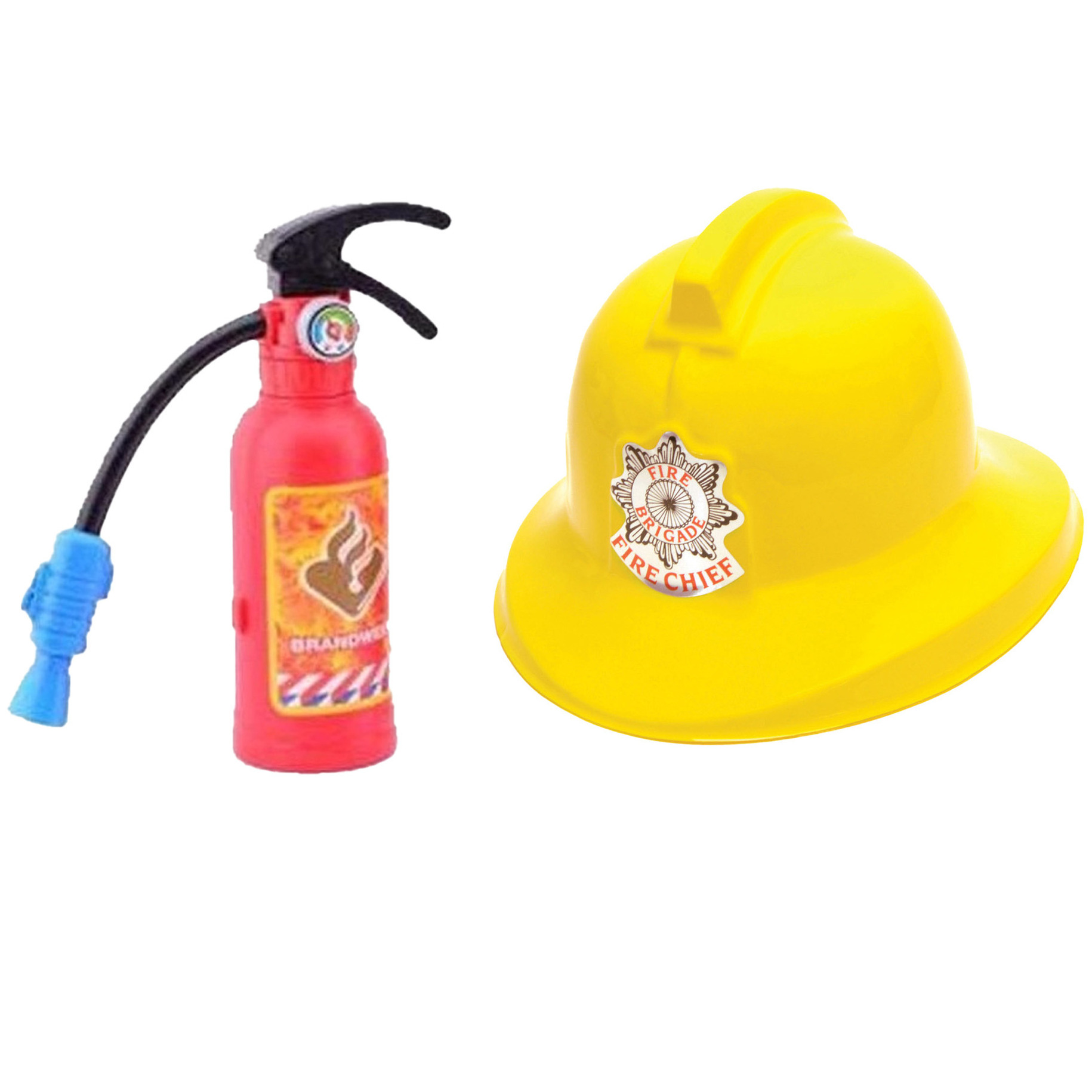 Carnaval verkleed brandweer helm geel en speelgoed brandblusser kan water spuiten