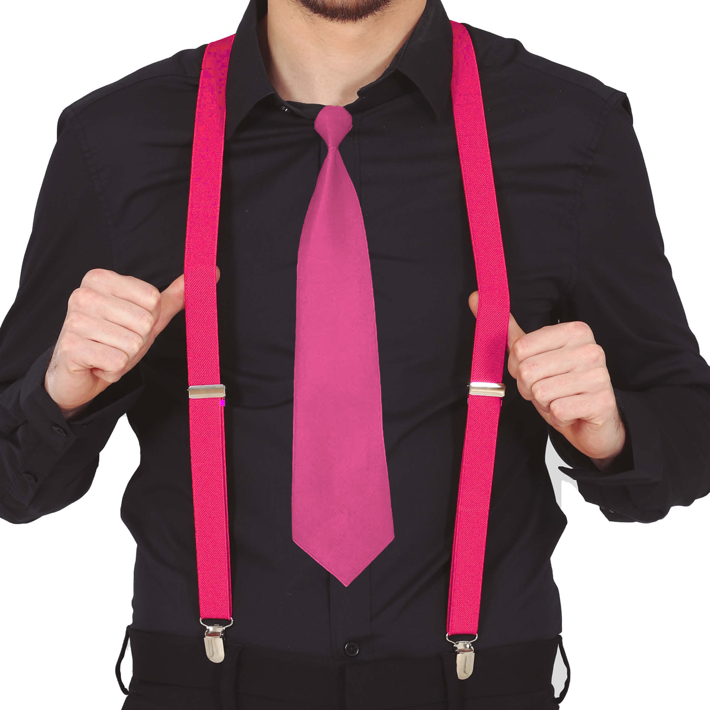 Carnaval verkleed bretels en stropdas - fuchsia roze - volwassenen - verkleed accessoires -