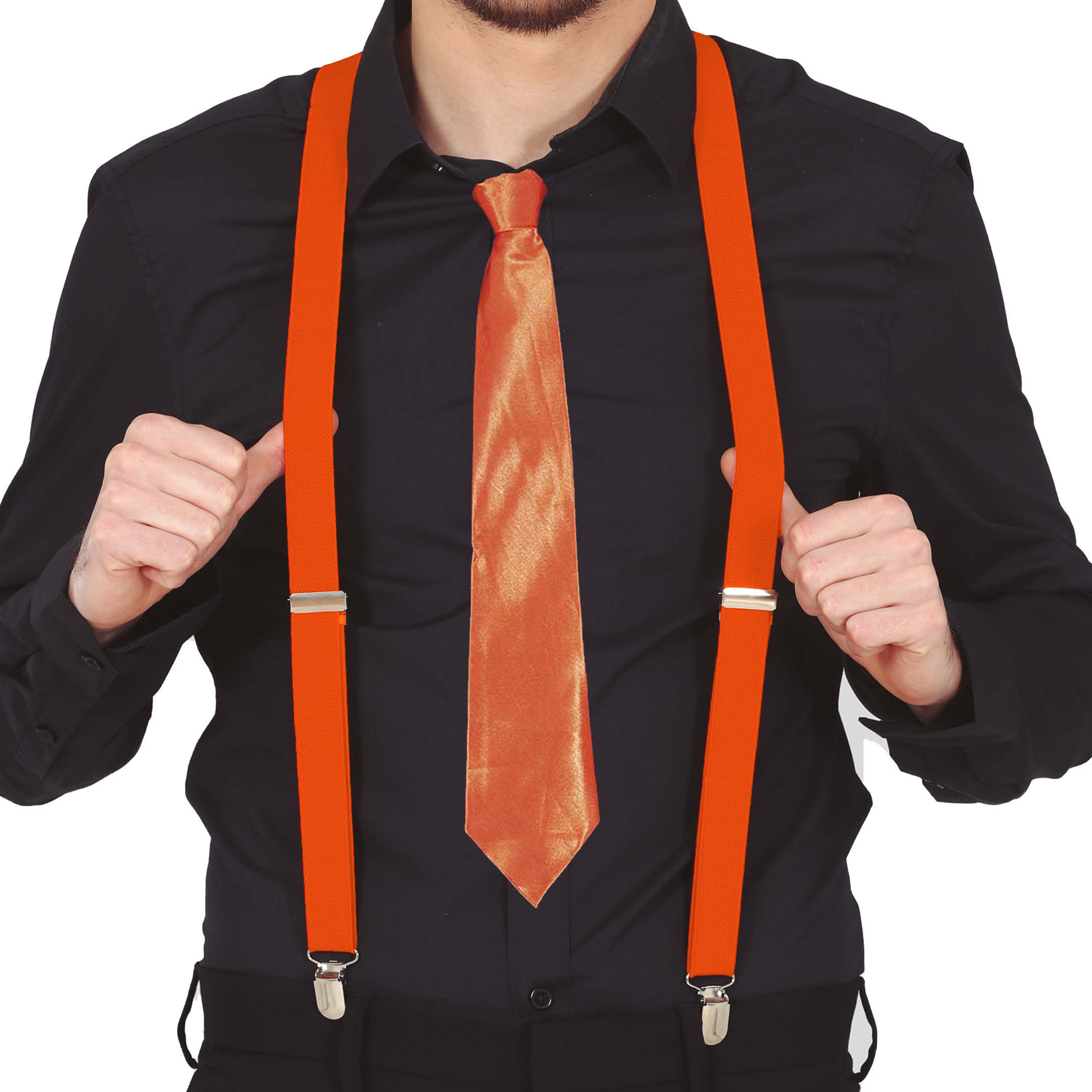 Carnaval verkleed bretels en stropdas - oranje - volwassenen - verkleed accessoires -
