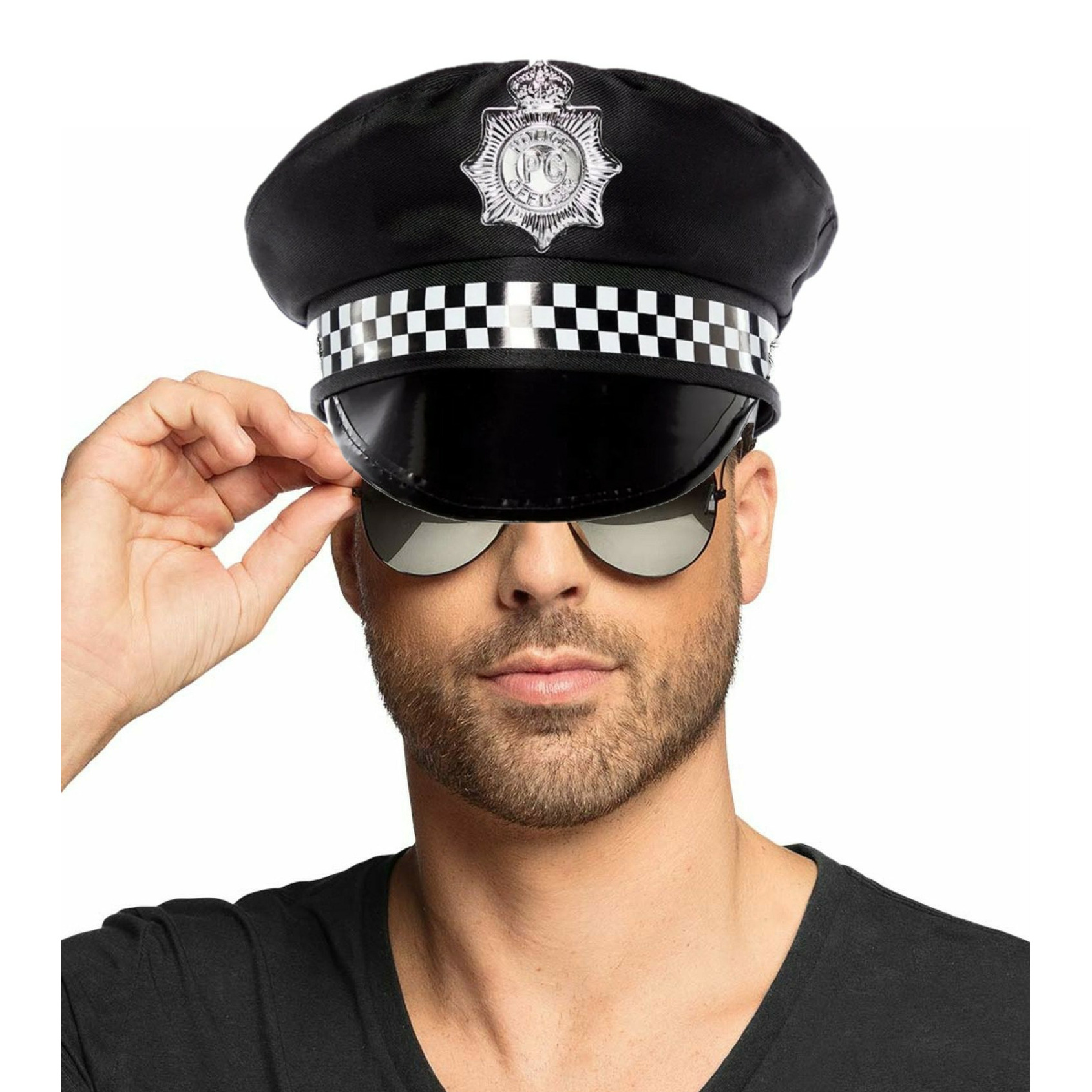 Carnaval verkleed politiepet met donkere zonnebril zwart heren-dames verkleedkleding