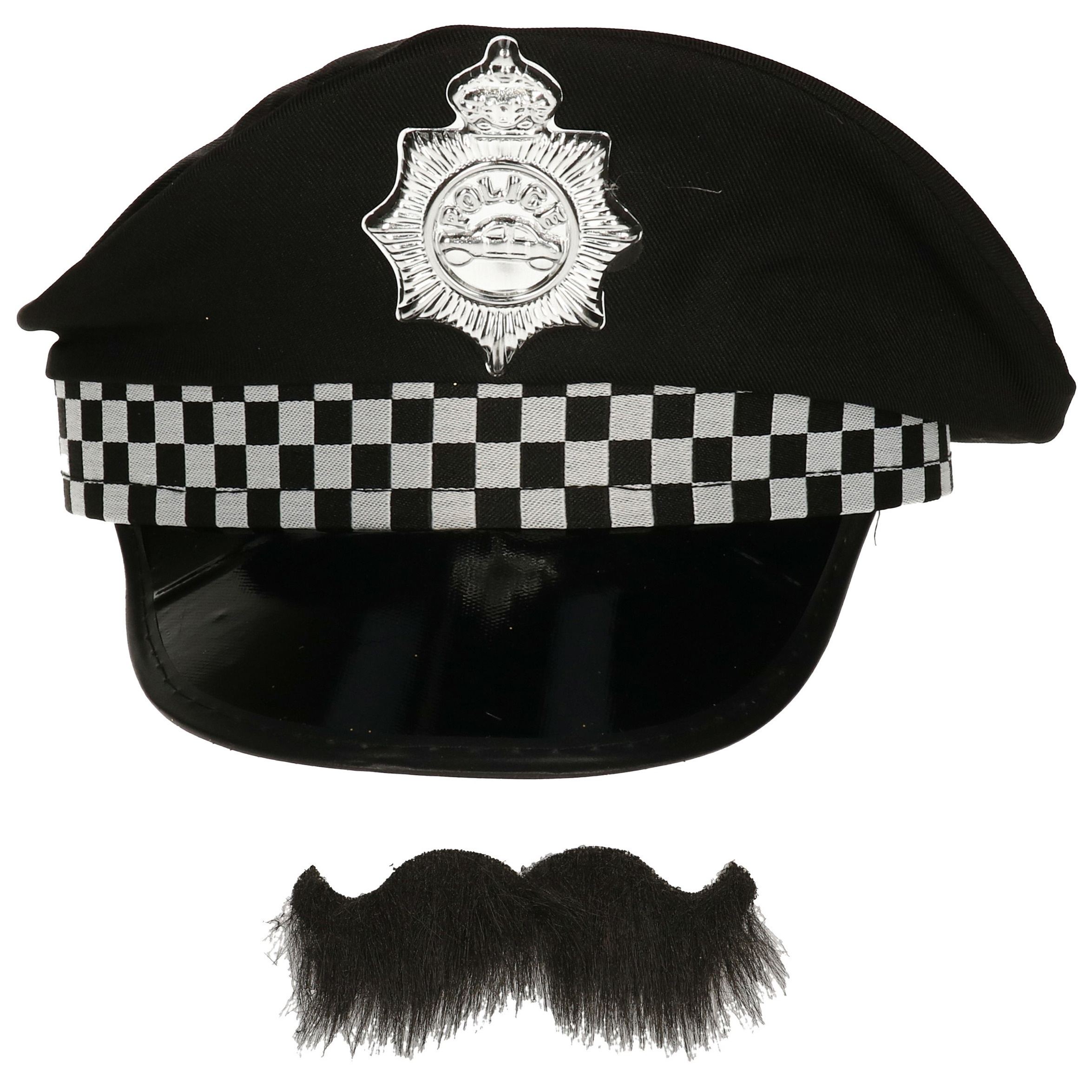 Carnaval verkleed politiepet met politie thema plaksnor zwart heren verkleedkleding