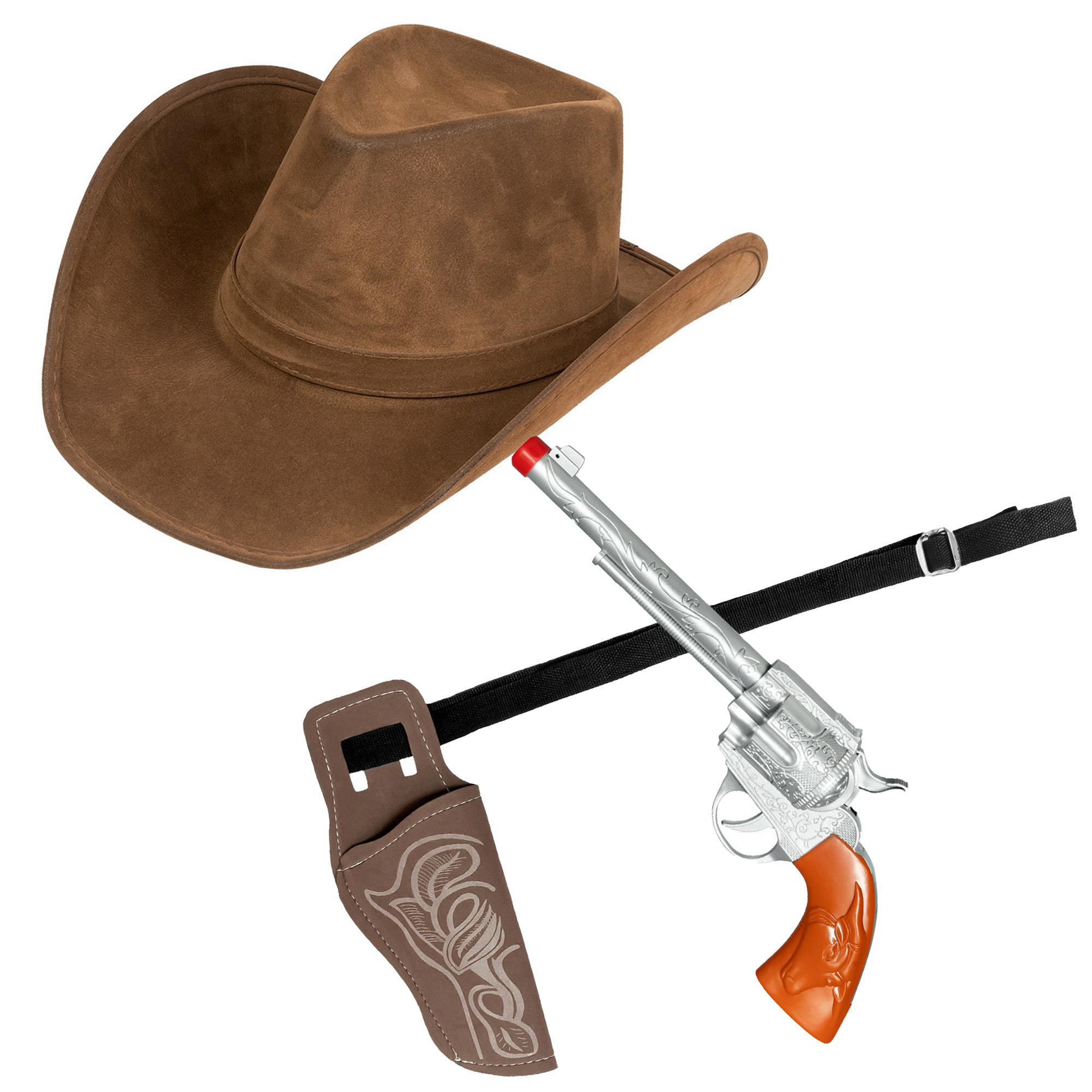 Carnaval verkleed set cowboyhoed Nebraska bruin en holster met revolver volwassenen
