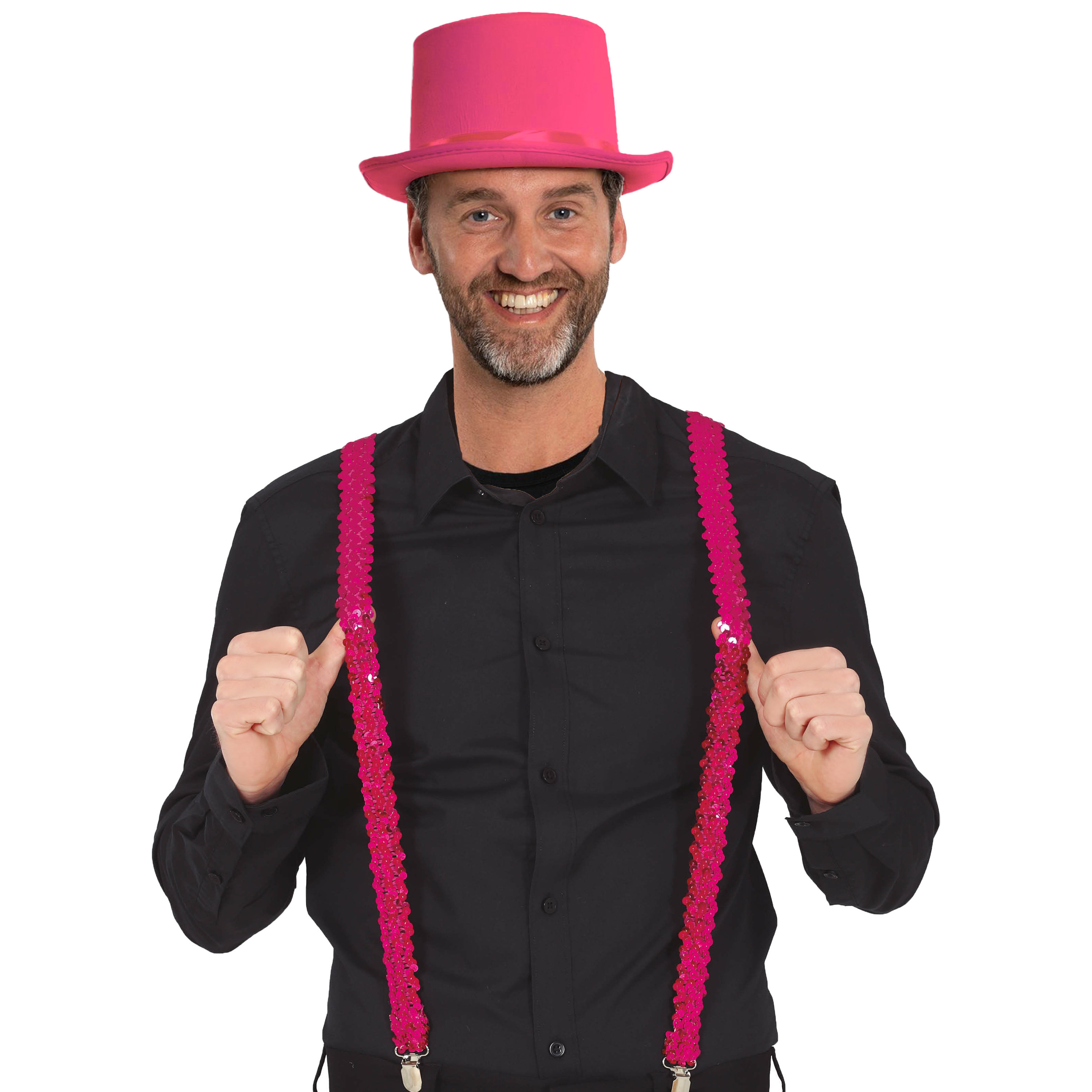 Carnaval verkleed set fuchsia roze hoed en pailletten bretels- volwassenen-unisex feestkleding