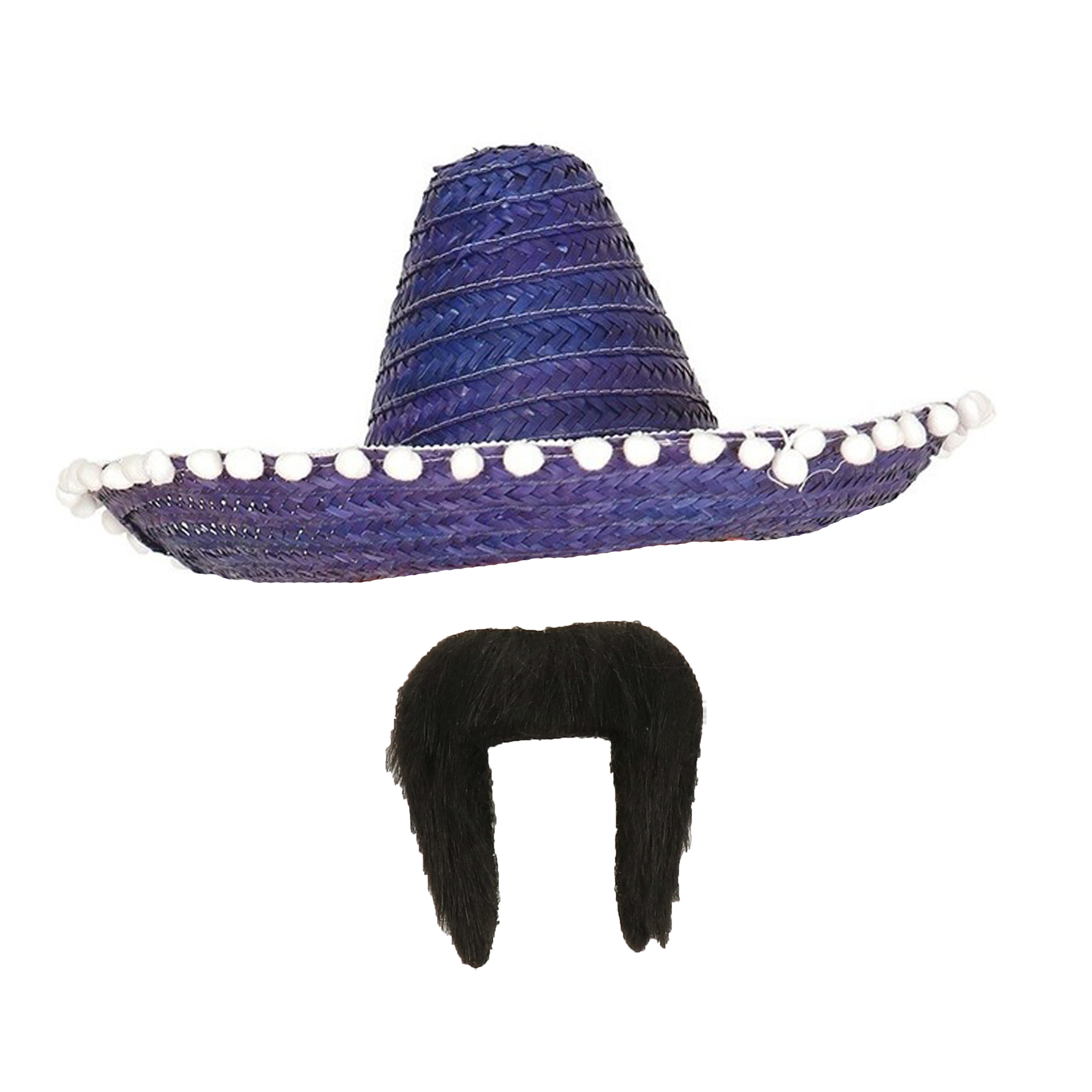 Carnaval verkleed set Mexicaanse sombrero hoed met plaksnor blauw heren