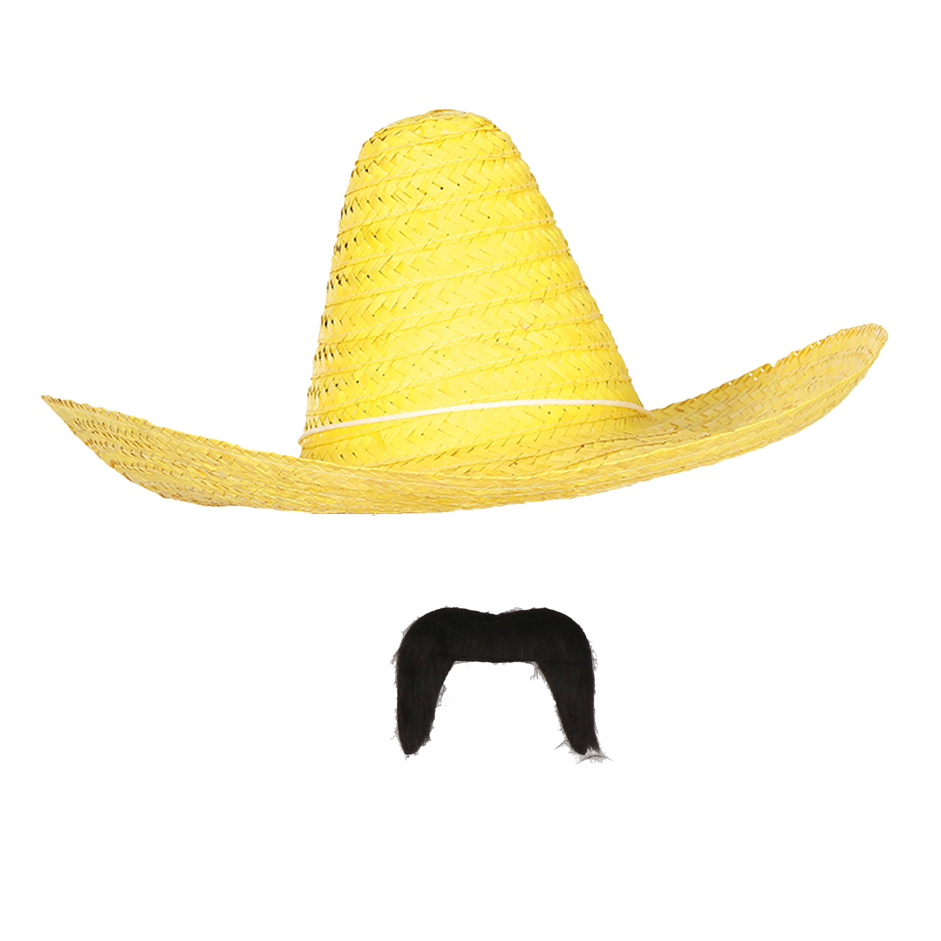 Carnaval verkleed set Mexicaanse sombrero hoed met plaksnor geel heren