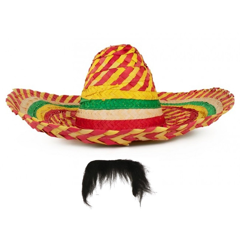 Carnaval verkleed set Mexicaanse sombrero hoed met plaksnor gekleurd heren