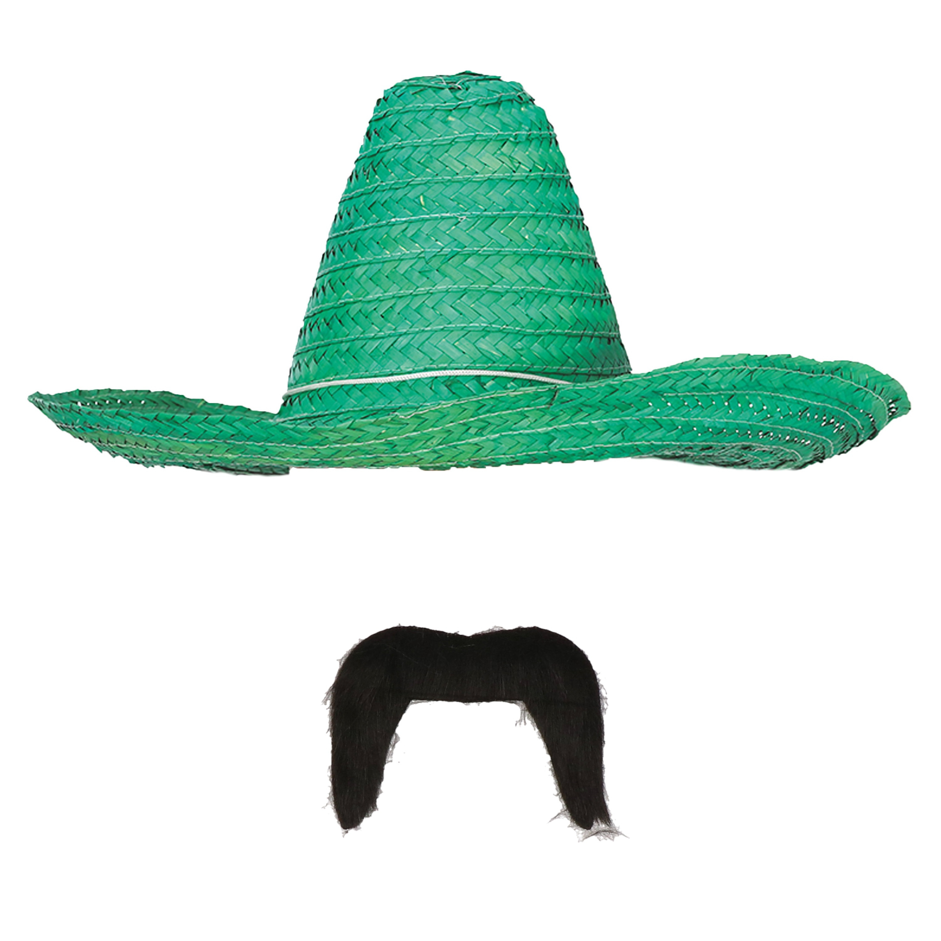 Carnaval verkleed set Mexicaanse sombrero hoed met plaksnor groen heren