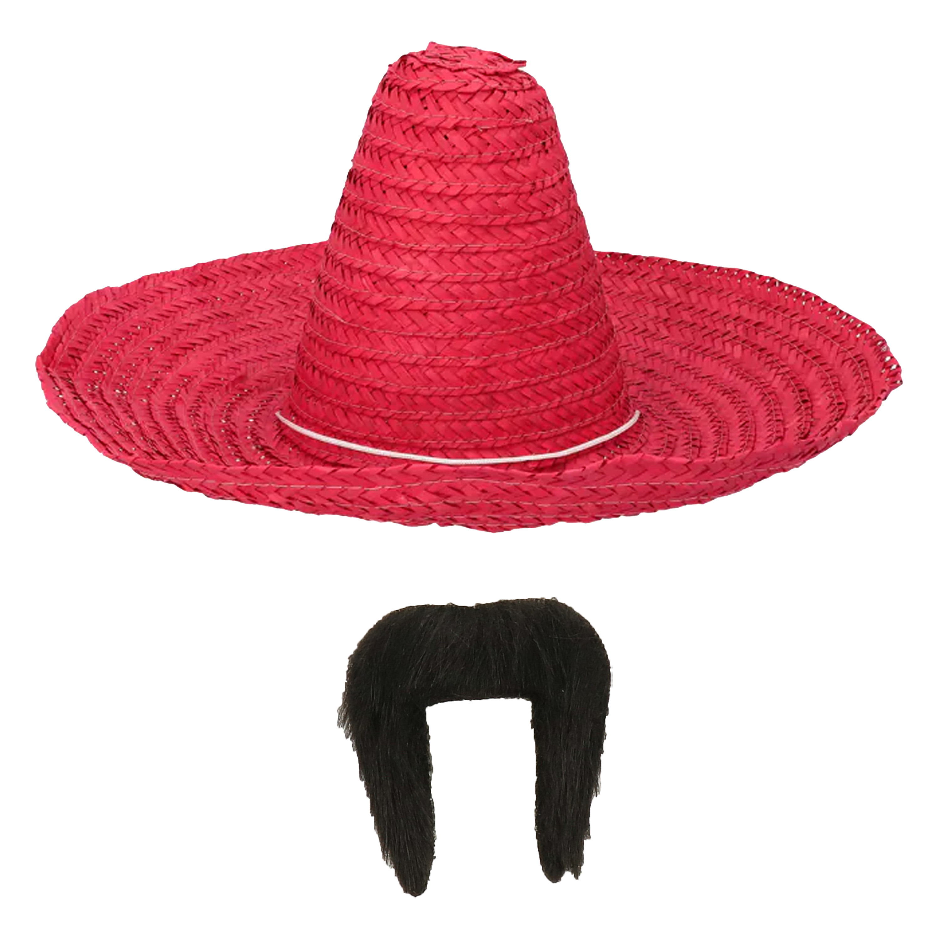 Carnaval verkleed set Mexicaanse sombrero hoed met plaksnor rood heren