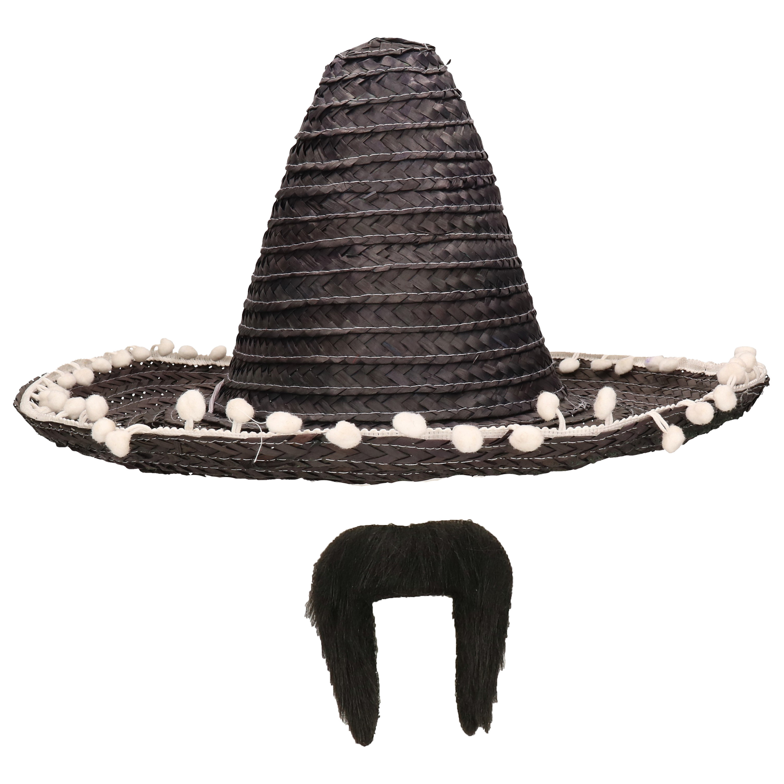 Carnaval verkleed set Mexicaanse sombrero hoed met plaksnor zwart heren