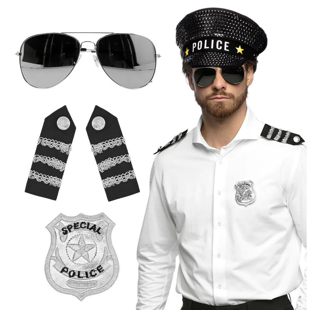 Carnaval verkleed set politiepet Sparkle zwart met epauletten-badge-zonnebril heren-dames