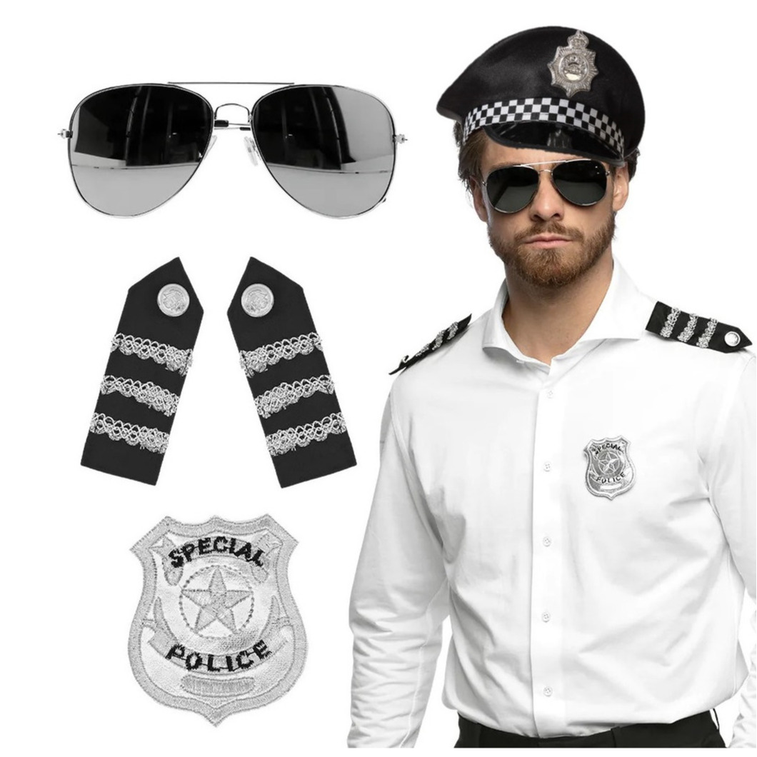 Carnaval verkleed set politiepet zwart met epauletten-badge-zonnebril heren-dames