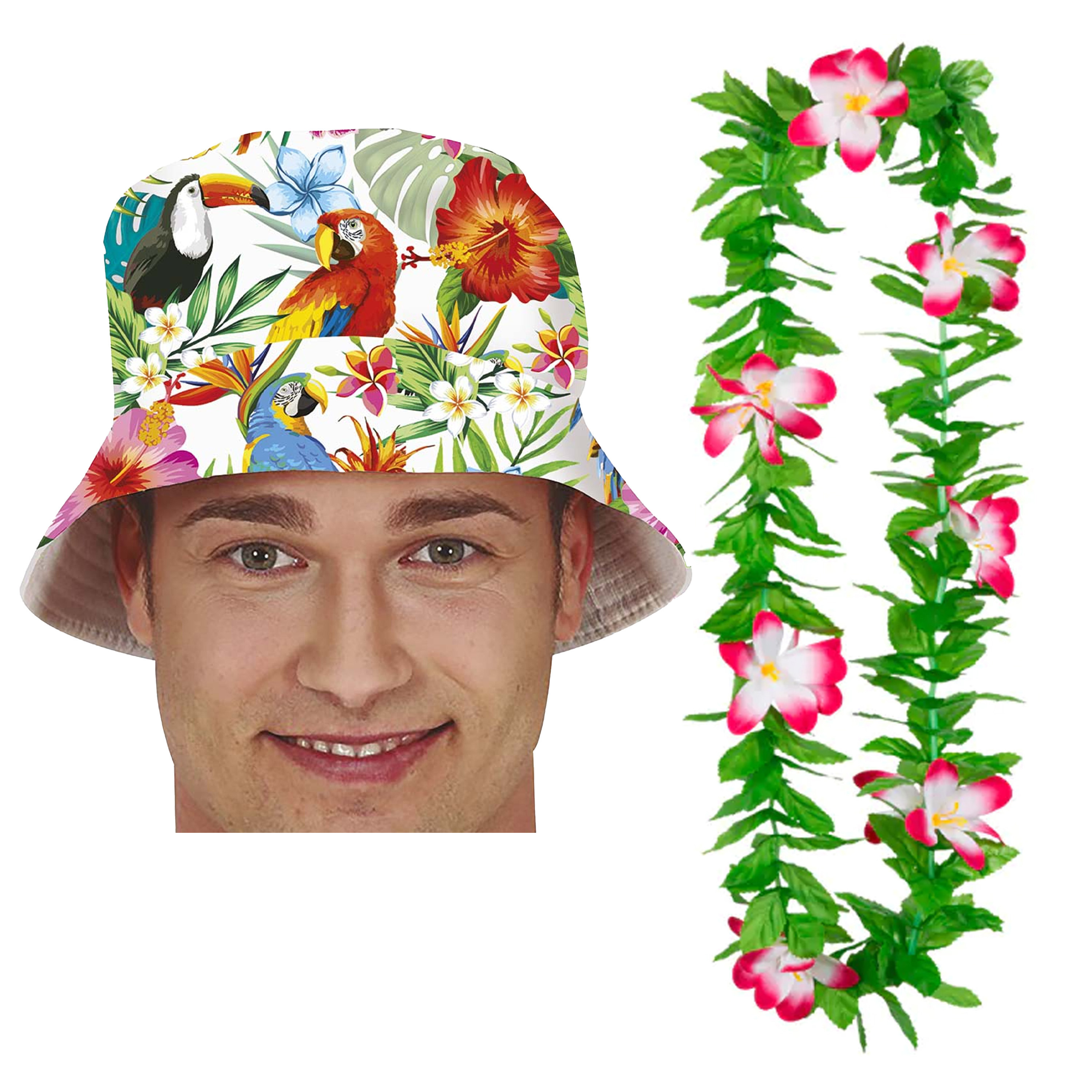 Carnaval verkleed set Tropische Hawaii party bucket hoedje met bloemenslinger volwassenen