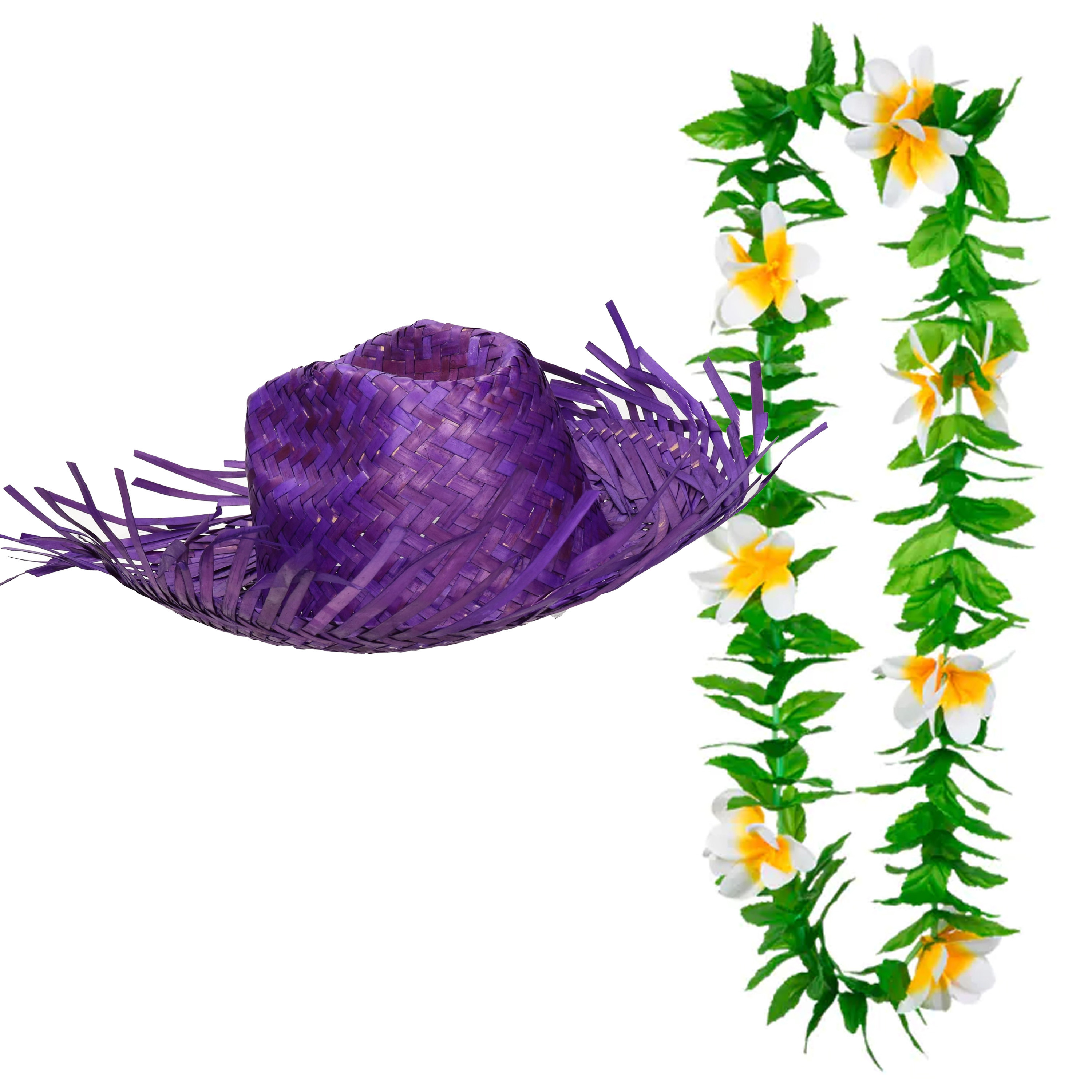 Carnaval verkleed set Tropische Hawaii party stro hoed met bloemenslinger paars