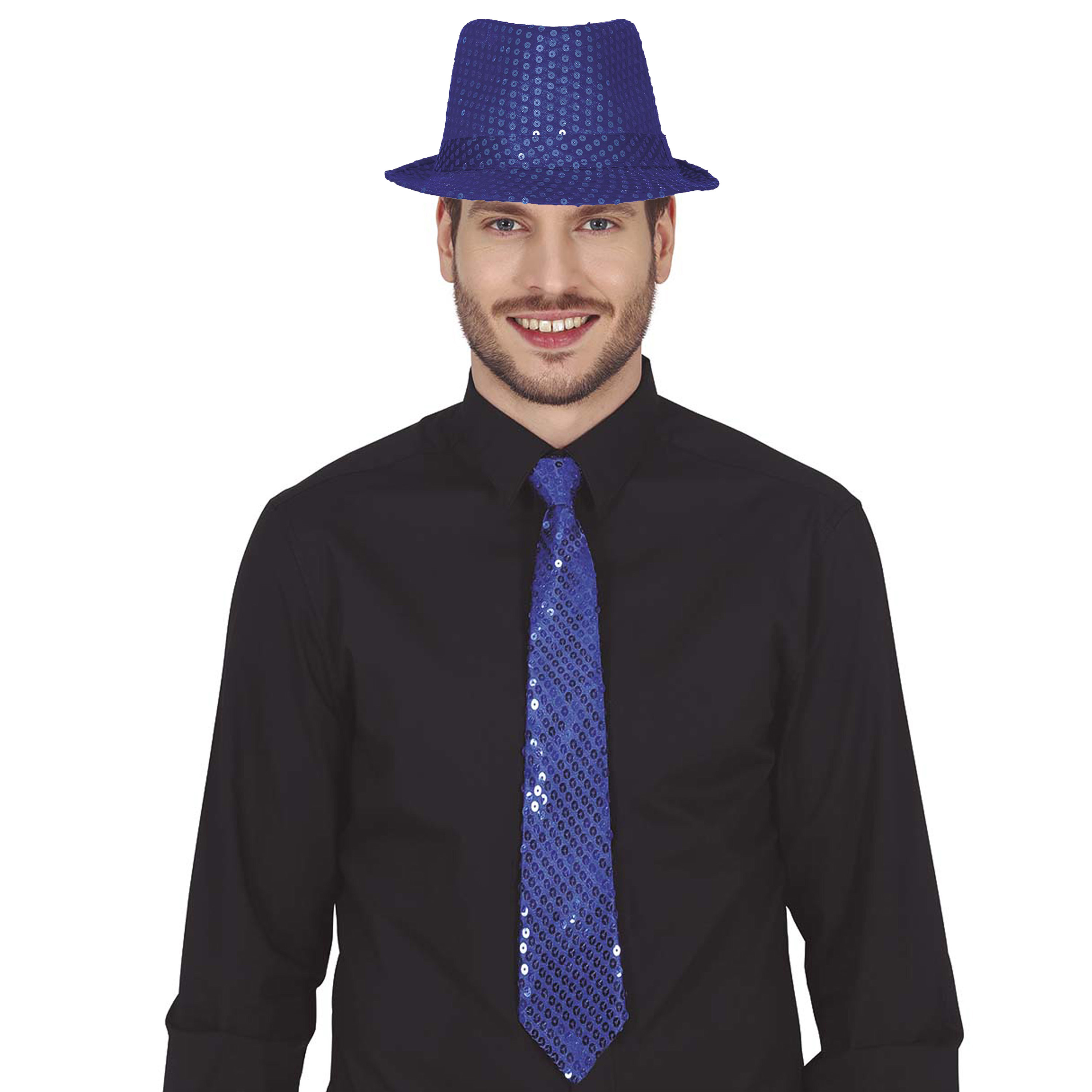 Carnaval verkleed stropdas en hoed donkerblauw pailletten volwassenen verkleed accessoires