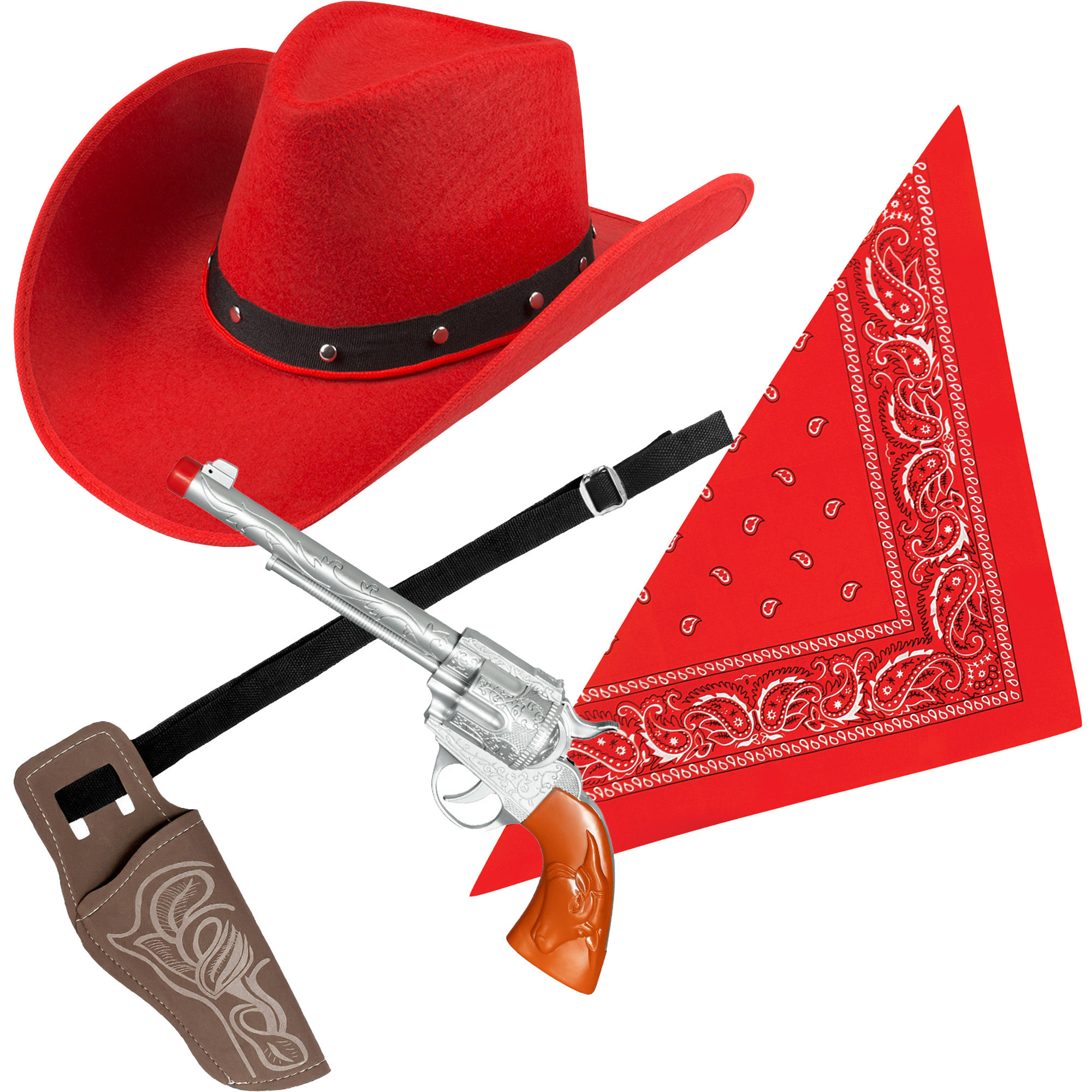 Carnaval verkleeds set cowboyhoed Billy rood rode hals zakdoek holster met revolver