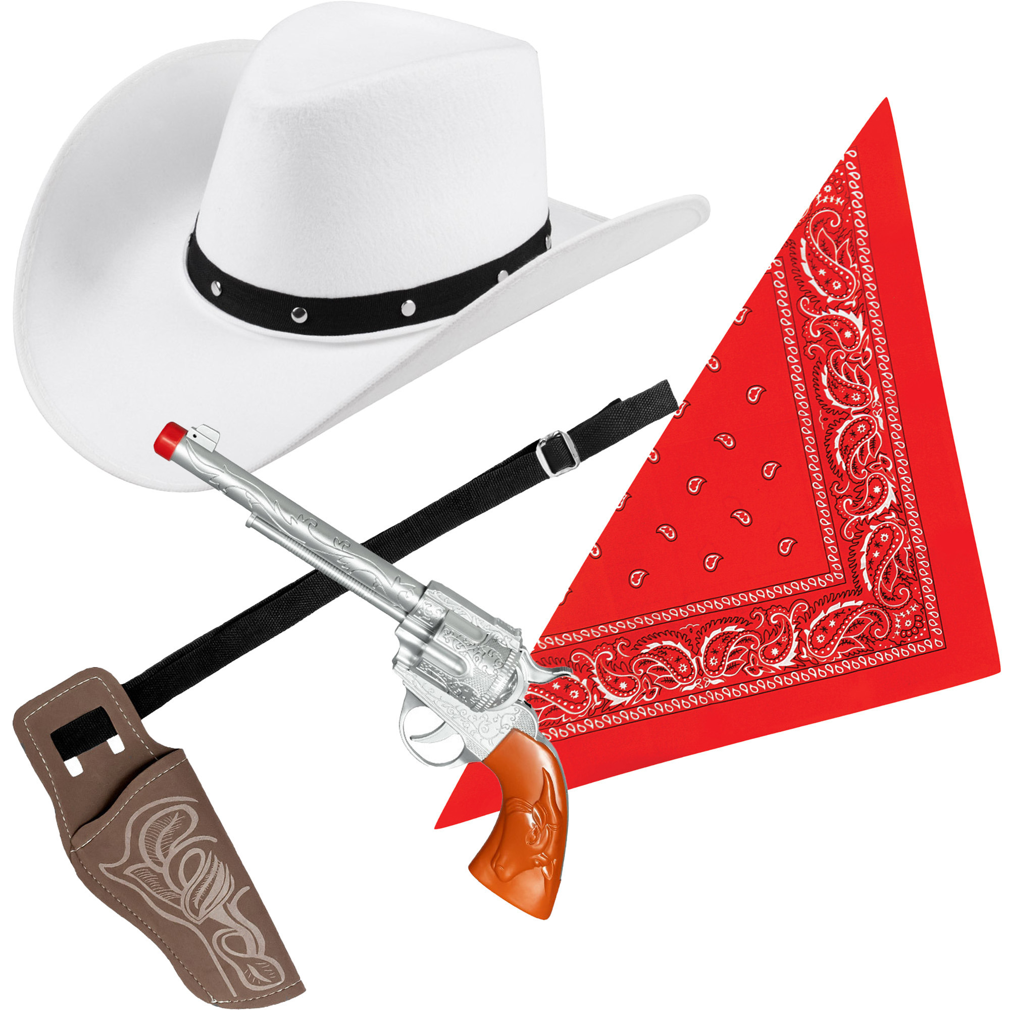 Carnaval verkleeds set cowboyhoed Billy wit rode hals zakdoek holster met revolver