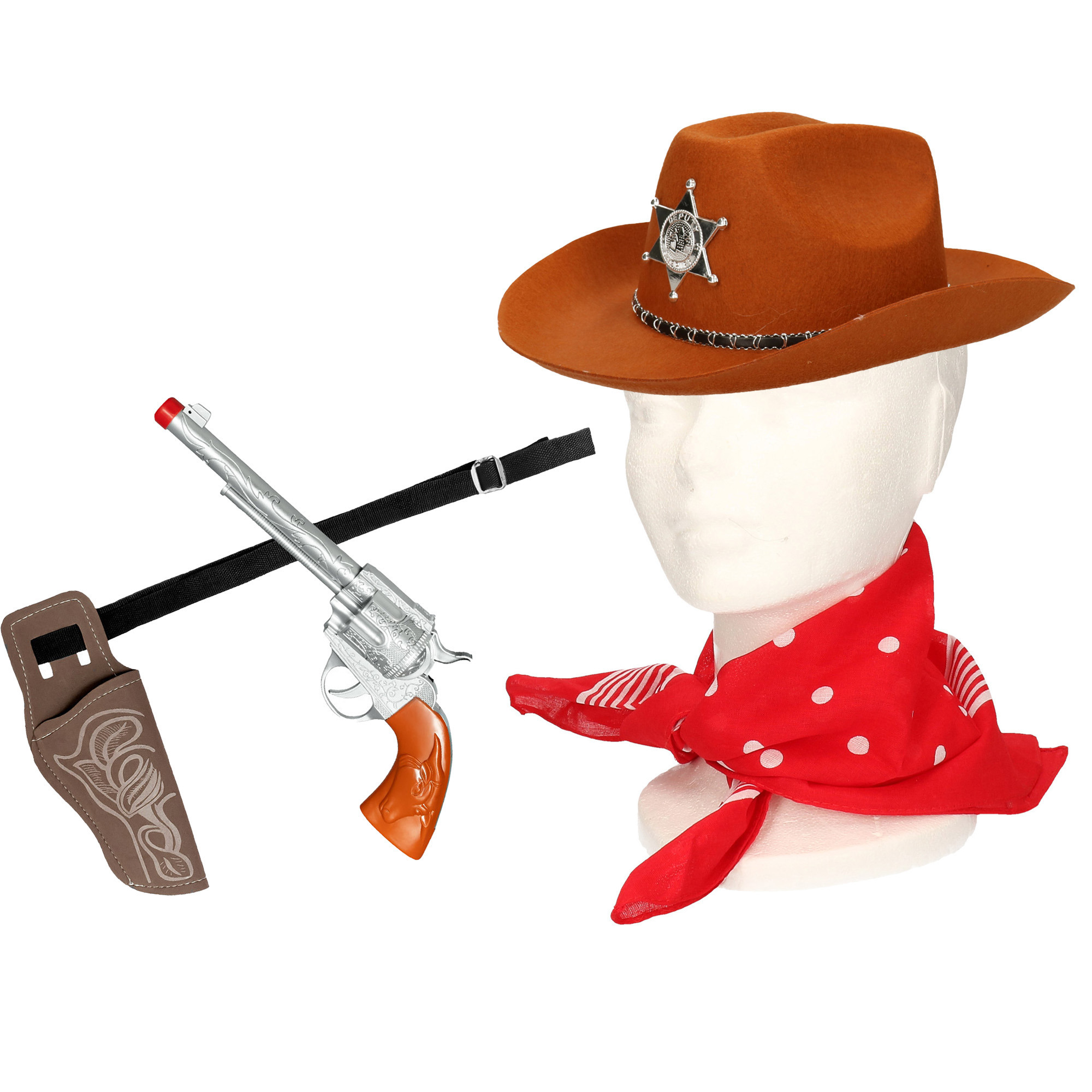 Carnaval verkleeds set cowboyhoed Kentucky bruin rode hals zakdoek holster met revolver