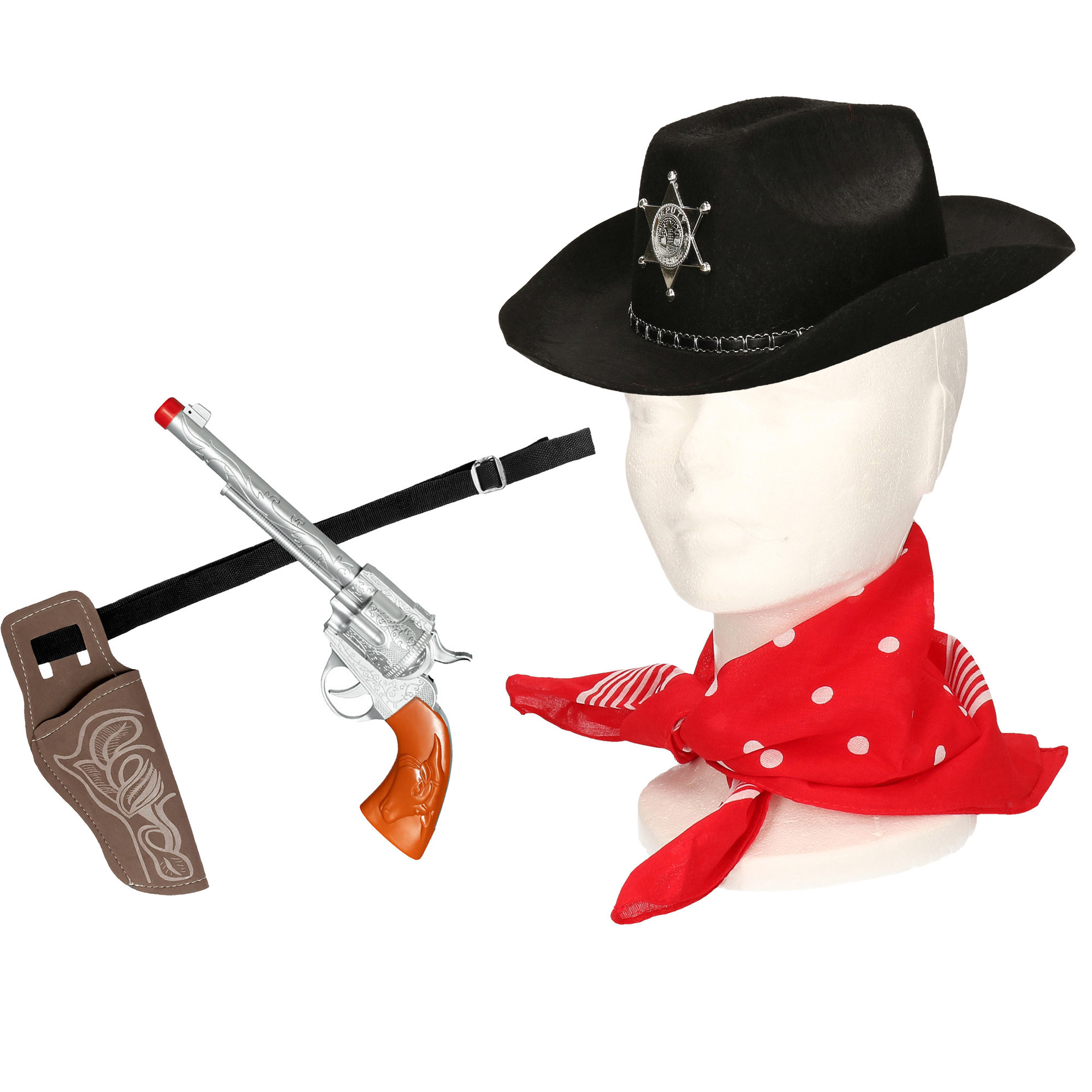 Carnaval verkleeds set cowboyhoed Kentucky zwart rode hals zakdoek holster met revolver