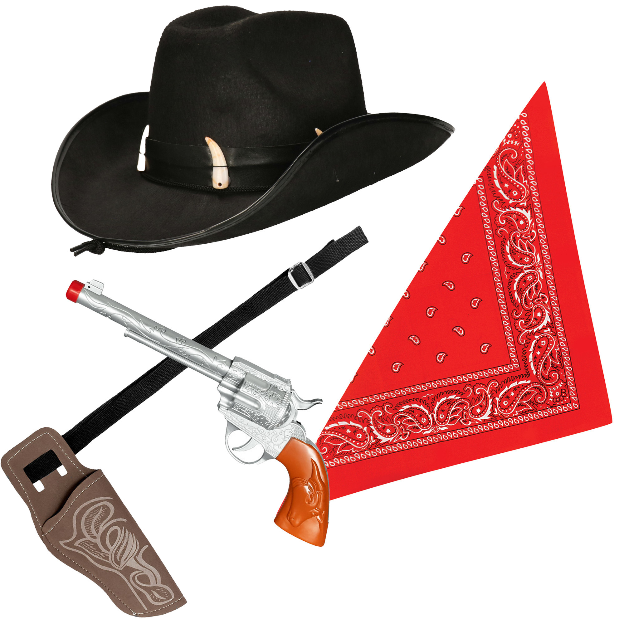 Carnaval verkleeds set cowboyhoed Nevada zwart rode hals zakdoek holster met revolver