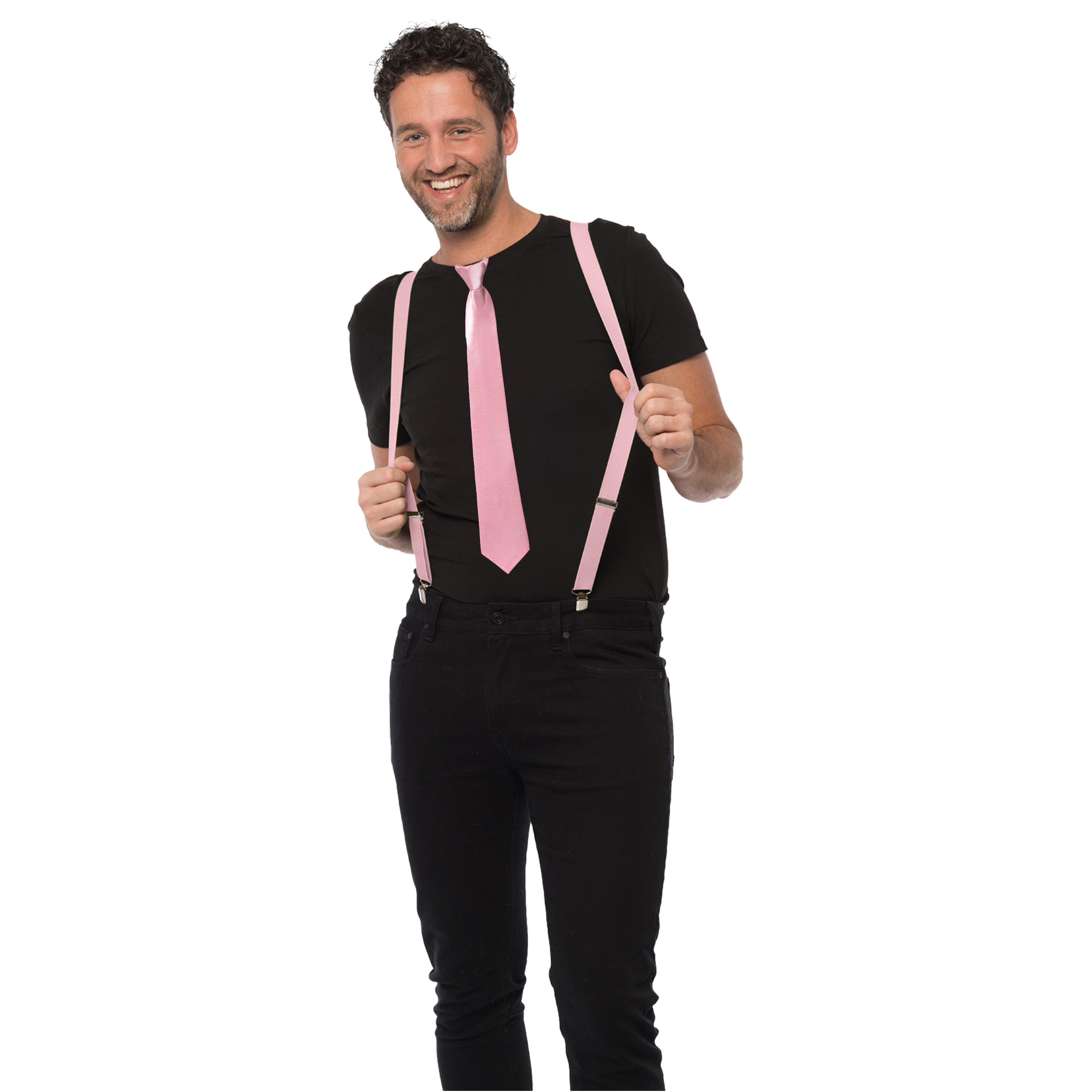 Carnaval verkleedset bretels en stropdas licht roze volwassenen-unisex feestkleding accessoire