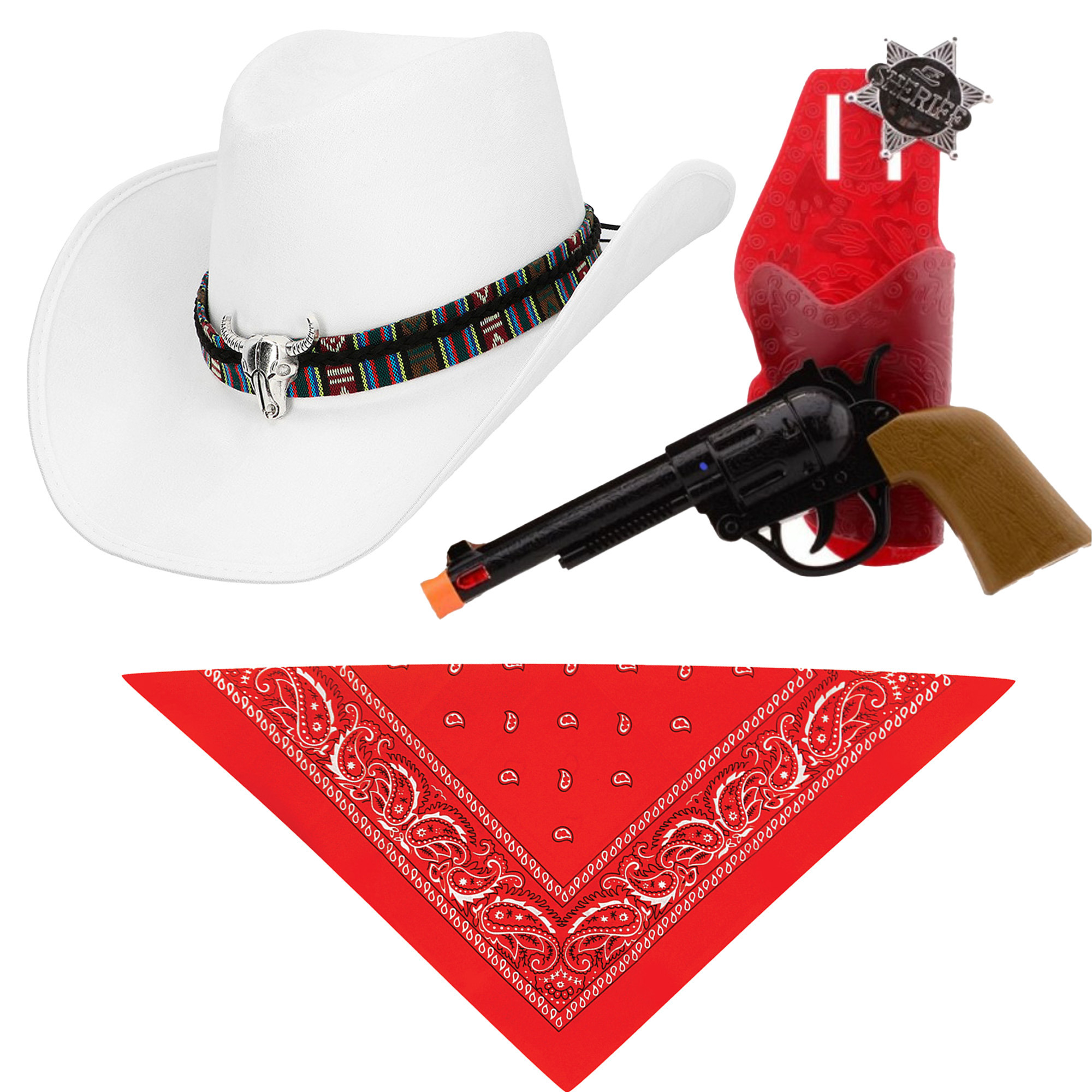 Carnaval verkleedset luxe model cowboyhoed Rodeo wit hals zakdoek-revolver voor volwassen