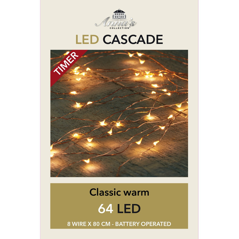 Cascade draadverlichting koperdraad 64 witte lampjes op batterij - Kerstverlichting overzicht -