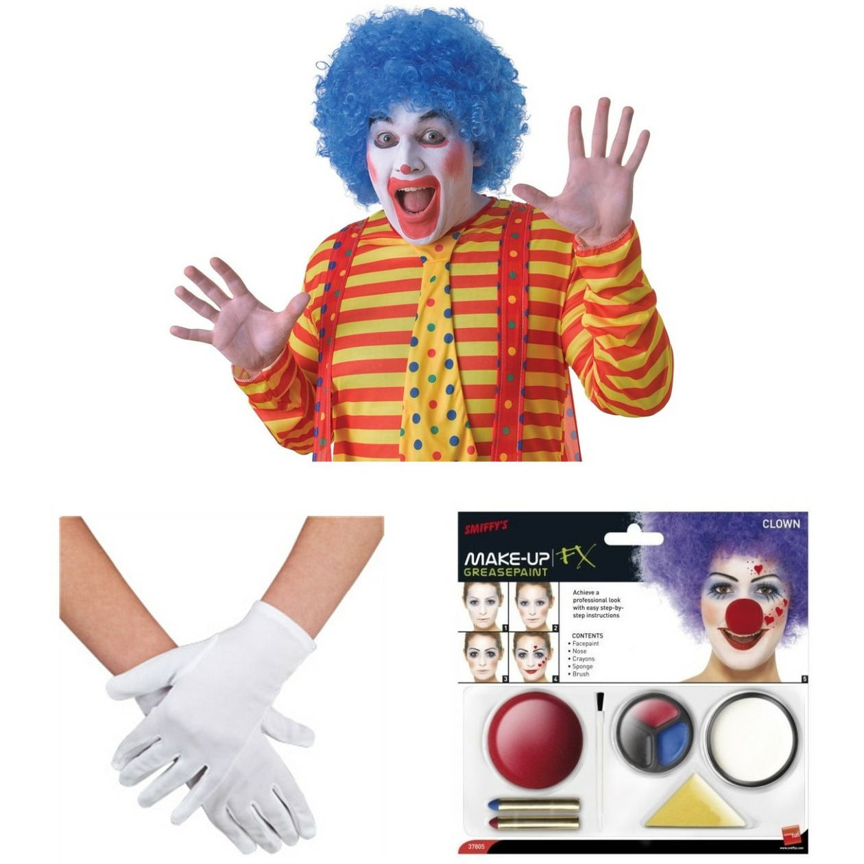 Clown verkleed set volwassenen - Pruik/schmink/handschoenen -