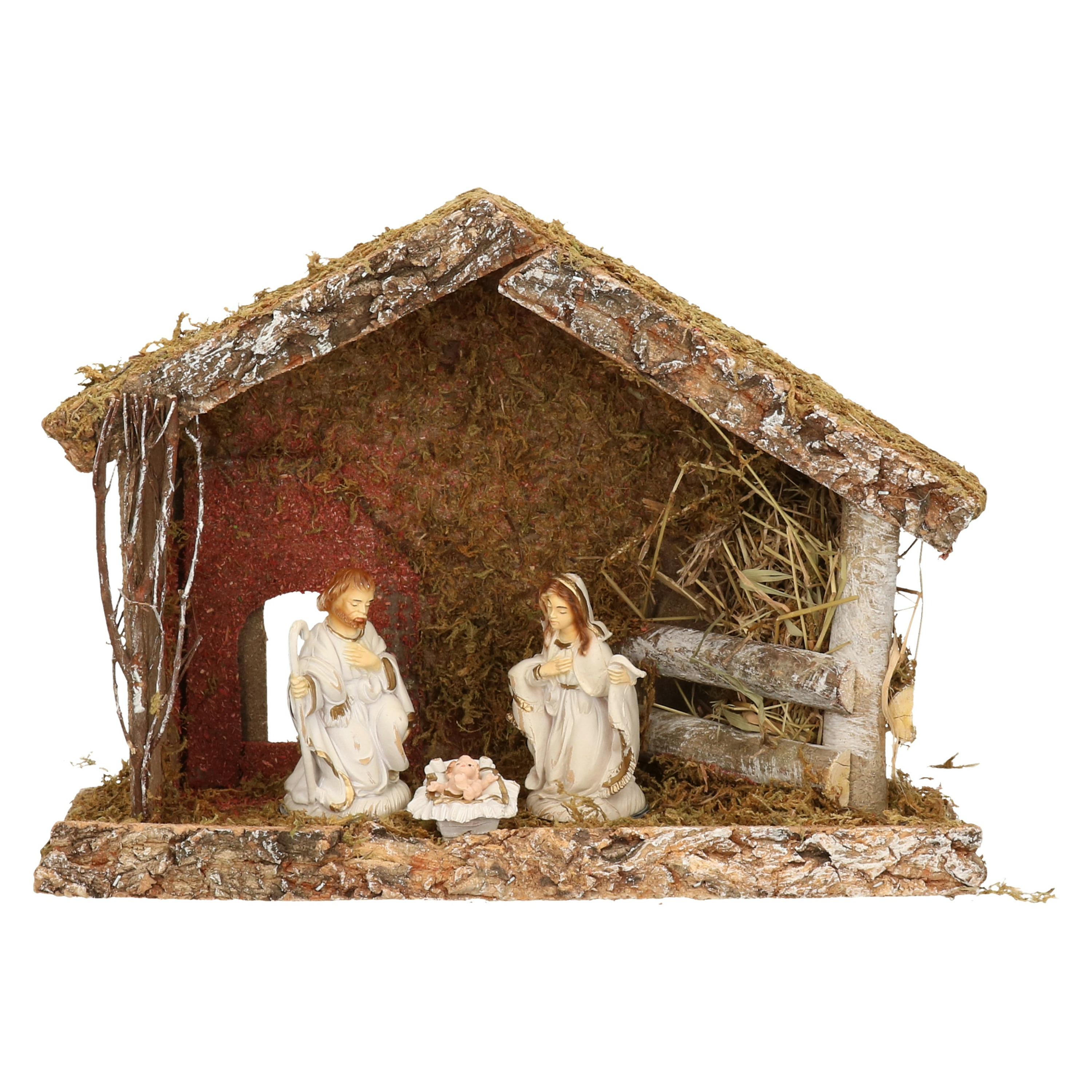 Complete kerststal met 3x st kerststal beelden 32 x 17 x 25 cm hout-polyresin