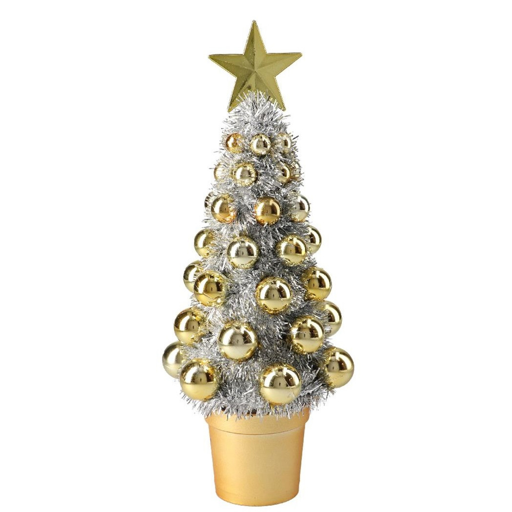 Complete mini kunst kerstboompje-kunstboompje zilver-goud met kerstballen 30 cm