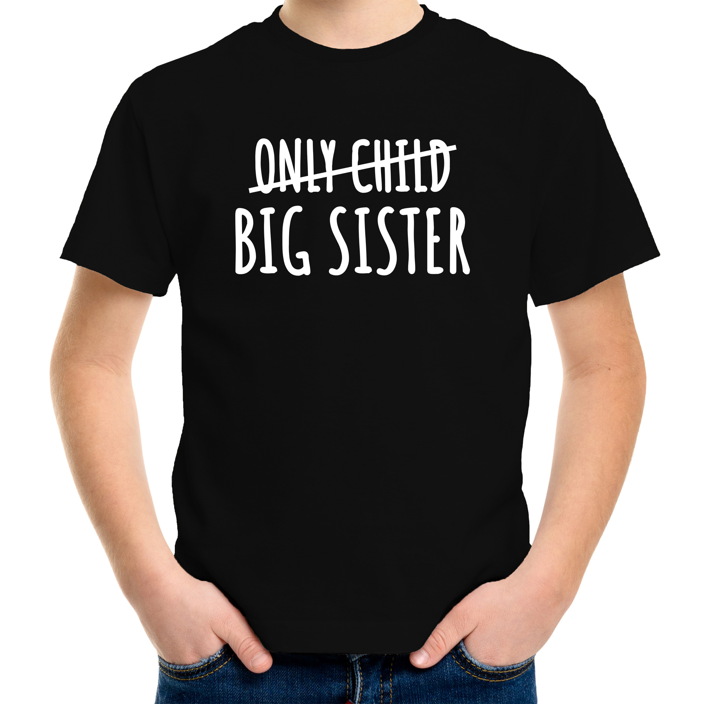 Correctie only child big sister grote zus cadeau t-shirt zwart meisjes - Aankondiging broer of zus