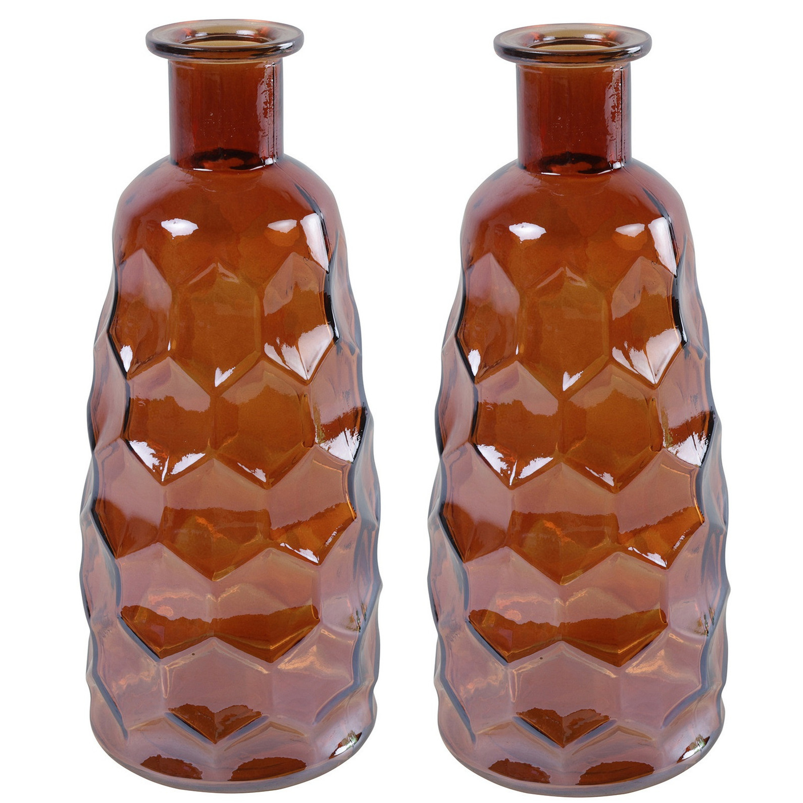 Countryfield Art Deco bloemenvaas 2x cognac bruin transparant glas D12 x H30 cm