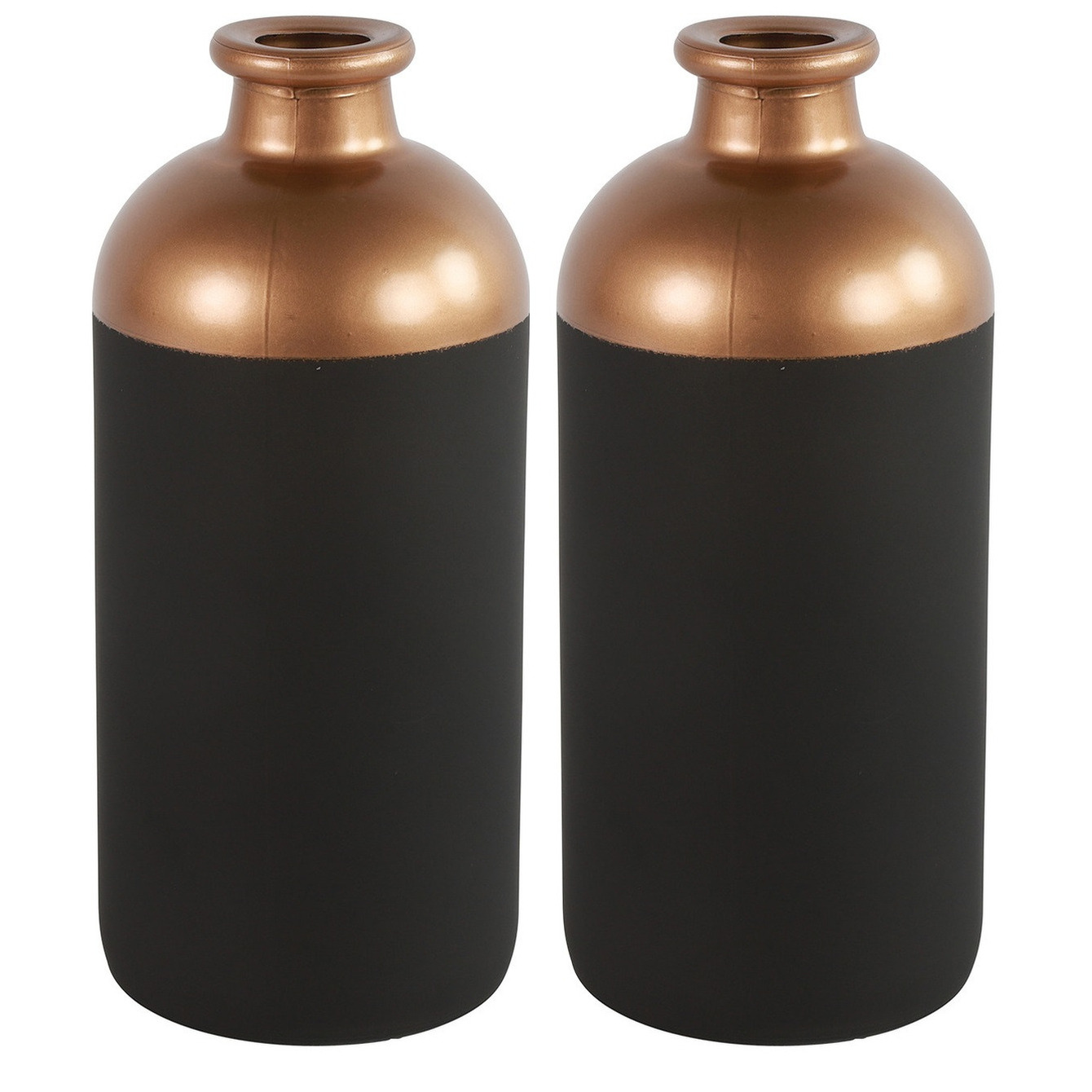 Countryfield Bloemen-deco vaas 2x zwart-koper glas luxe fles vorm D11 x H25 cm