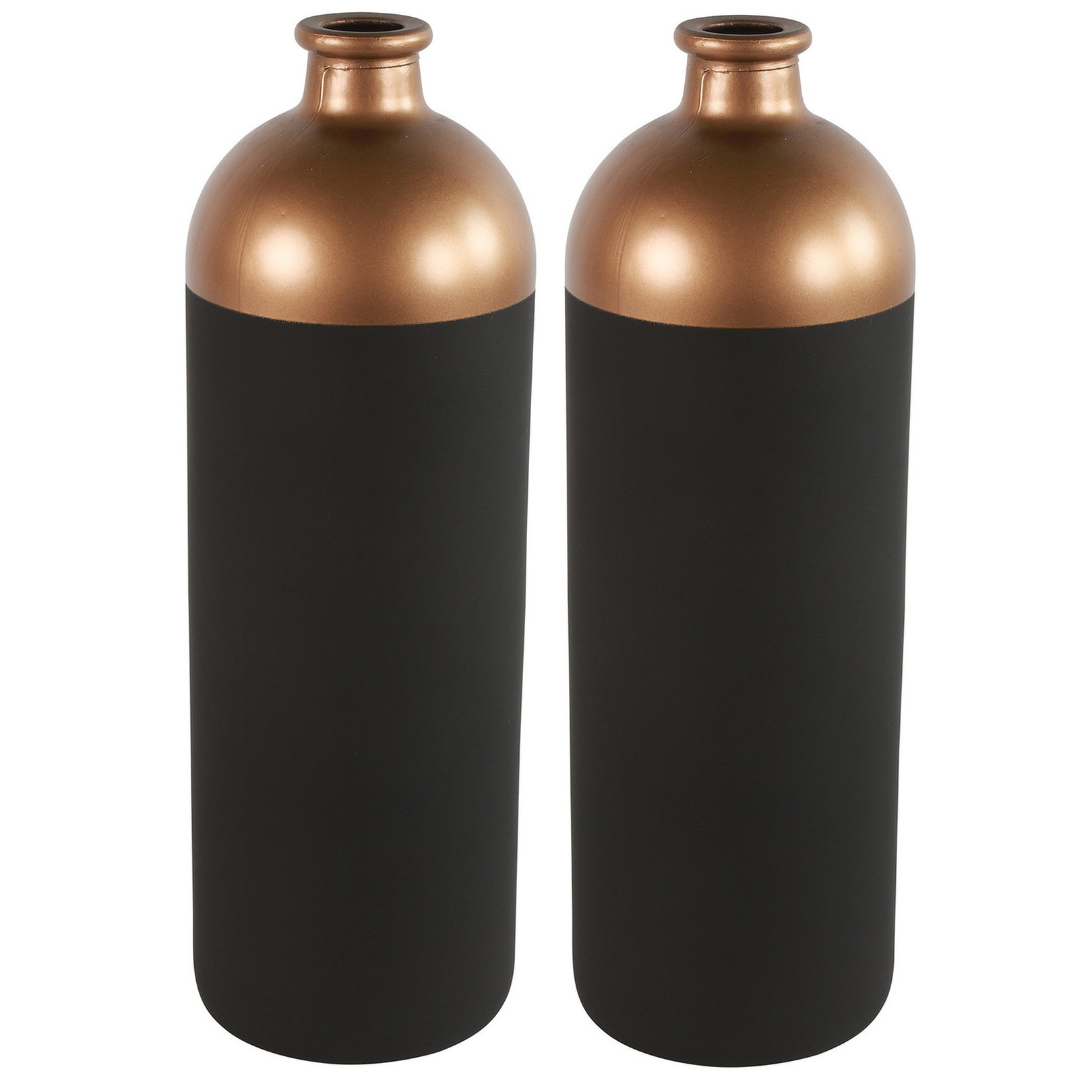 Countryfield Bloemen-deco vaas 2x zwart-koper glas luxe fles vorm D13 x H41 cm