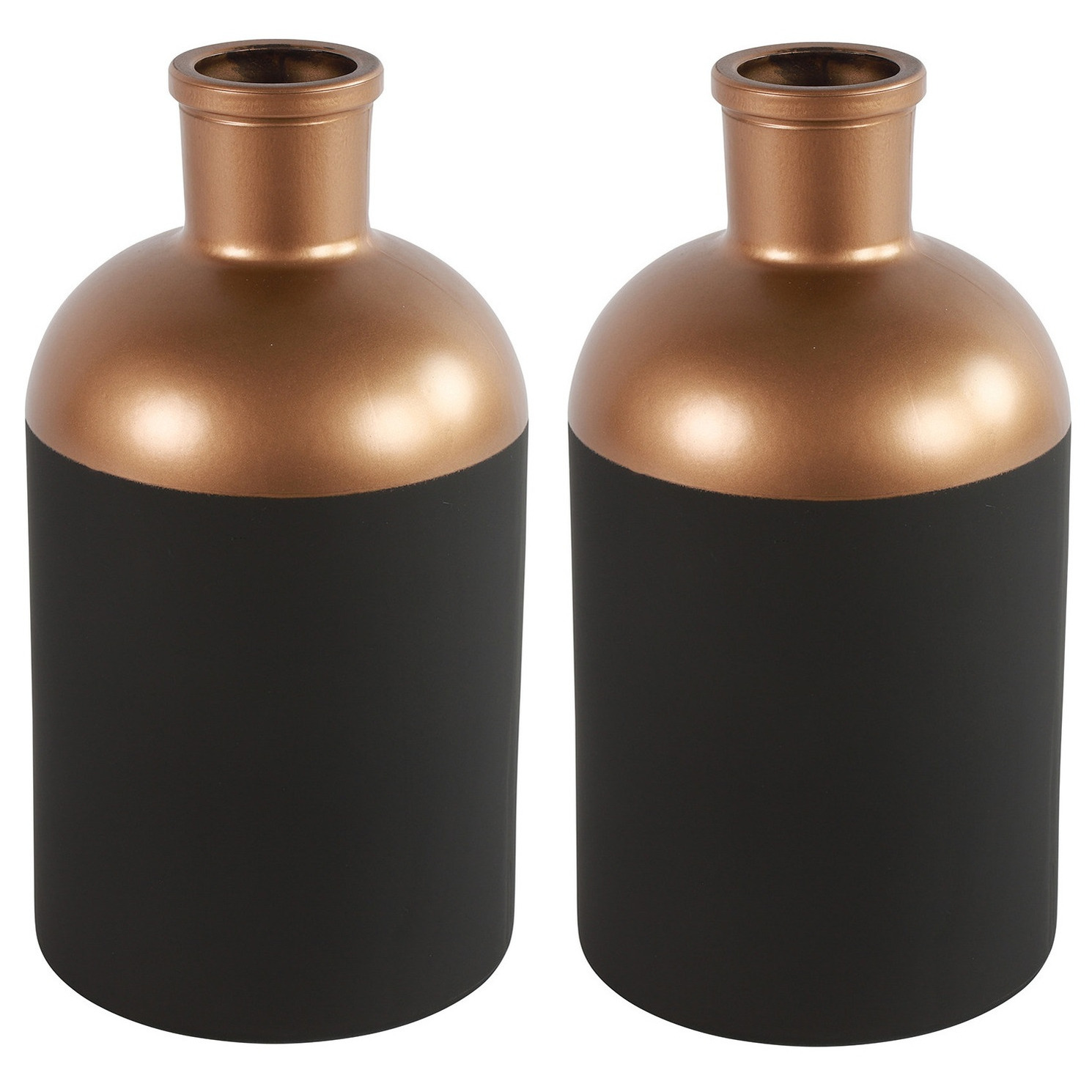 Countryfield Bloemen-deco vaas 2x zwart-koper glas luxe fles vorm D14x H26 cm