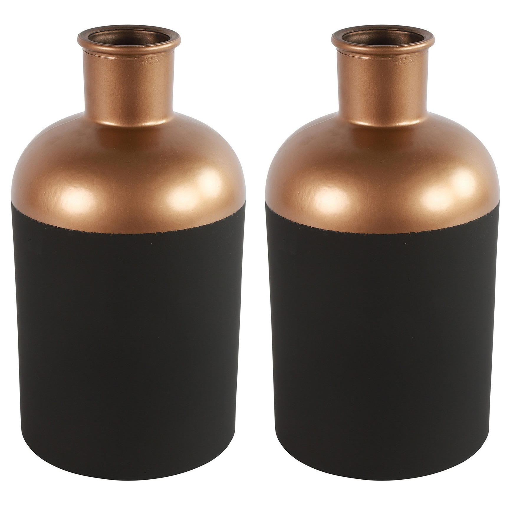 Countryfield Bloemen-deco vaas 2x zwart-koper glas luxe fles vorm D17 x H31 cm