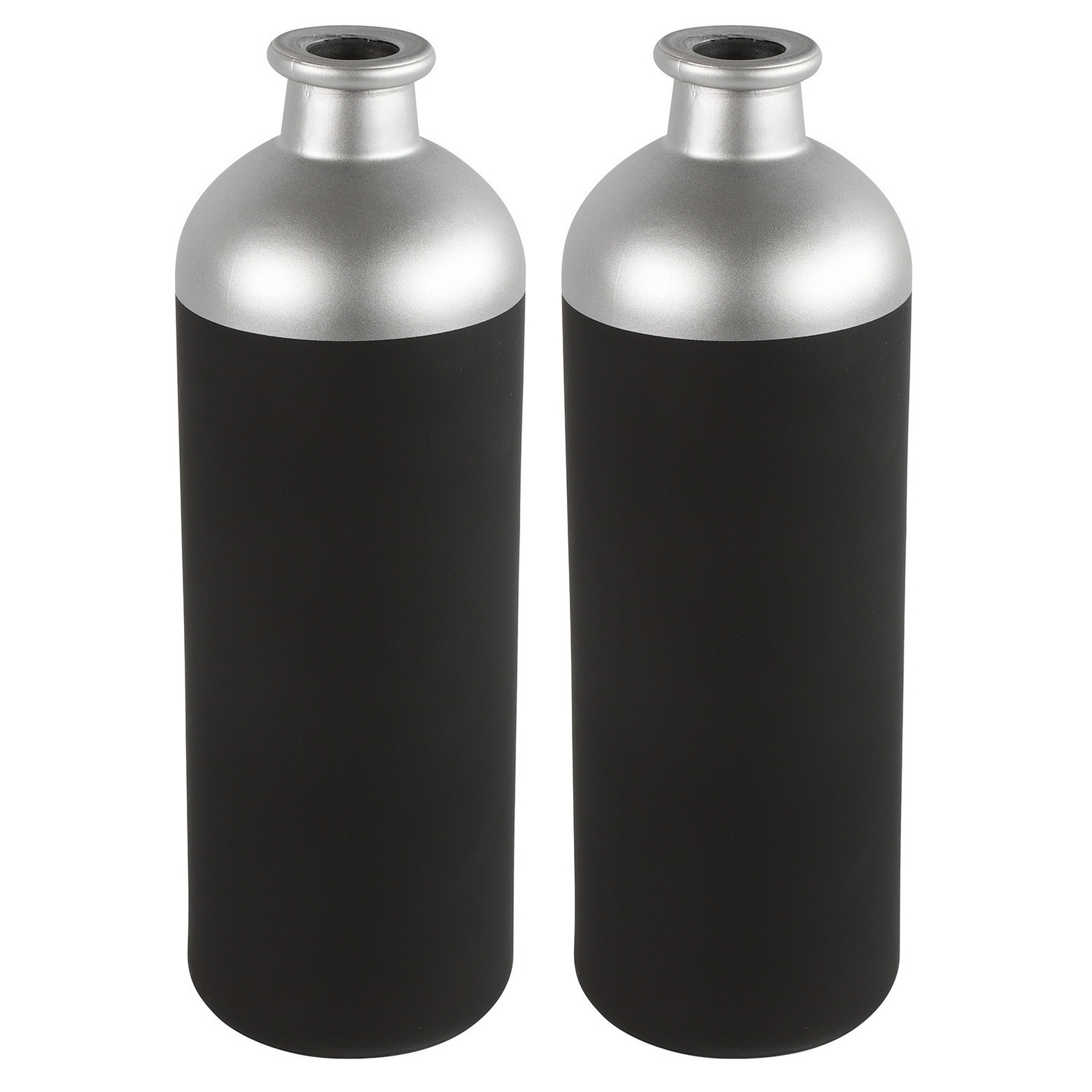 Countryfield Bloemen-deco vaas 2x zwart-zilver glas luxe fles vorm D11 x H33 cm