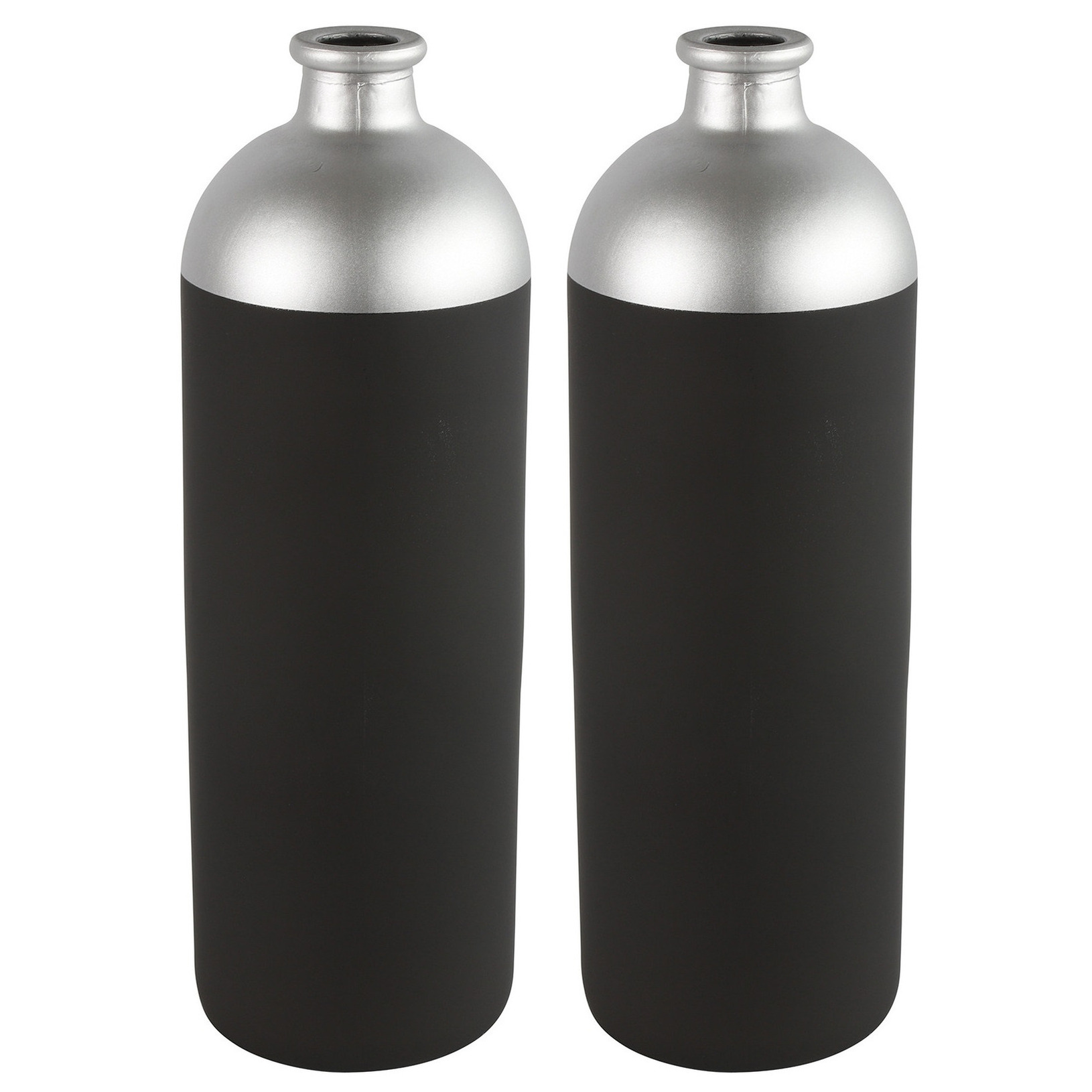 Countryfield Bloemen-deco vaas 2x zwart-zilver glas luxe fles vorm D13 x H41 cm