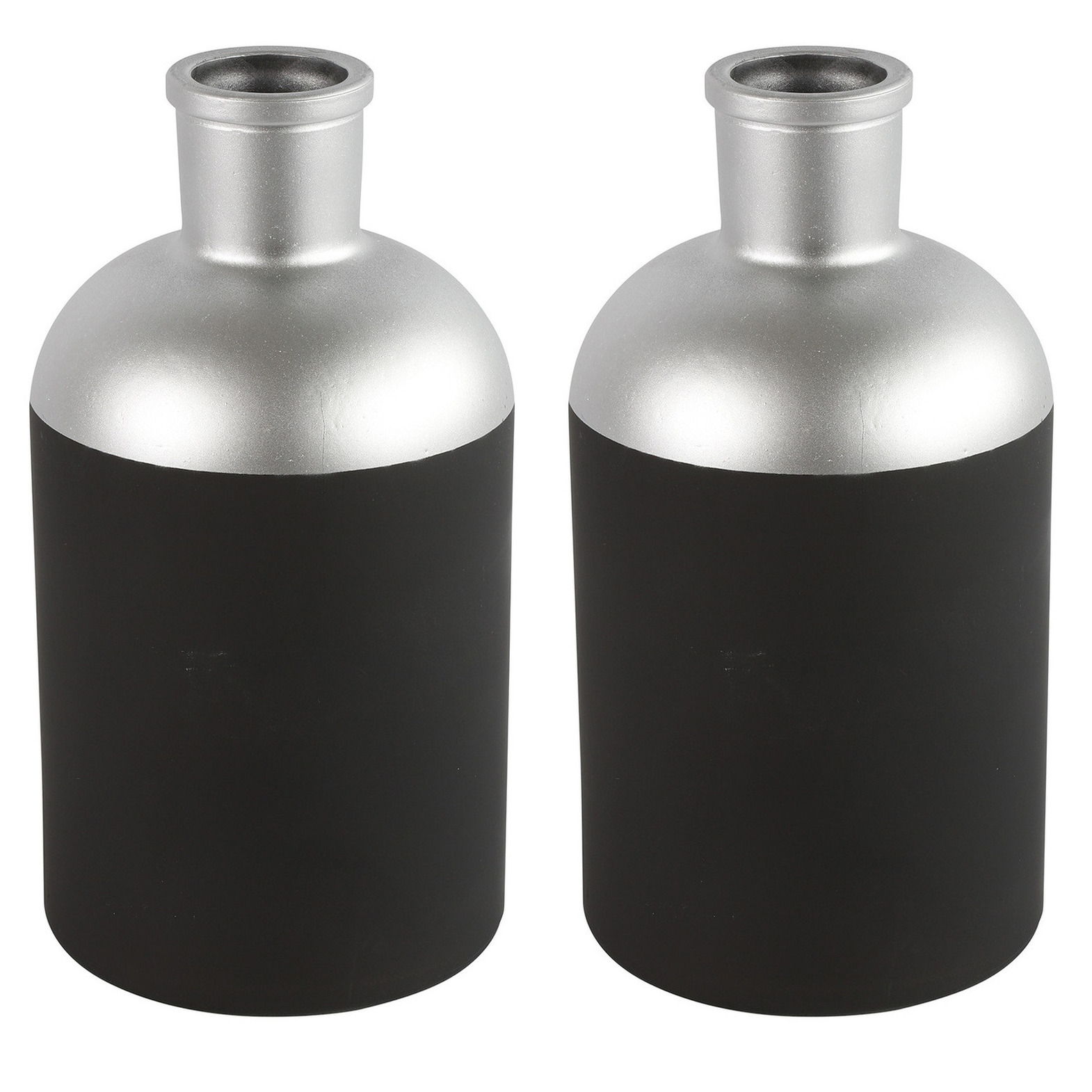 Countryfield Bloemen-deco vaas 2x zwart-zilver glas luxe fles vorm D14 x H26 cm