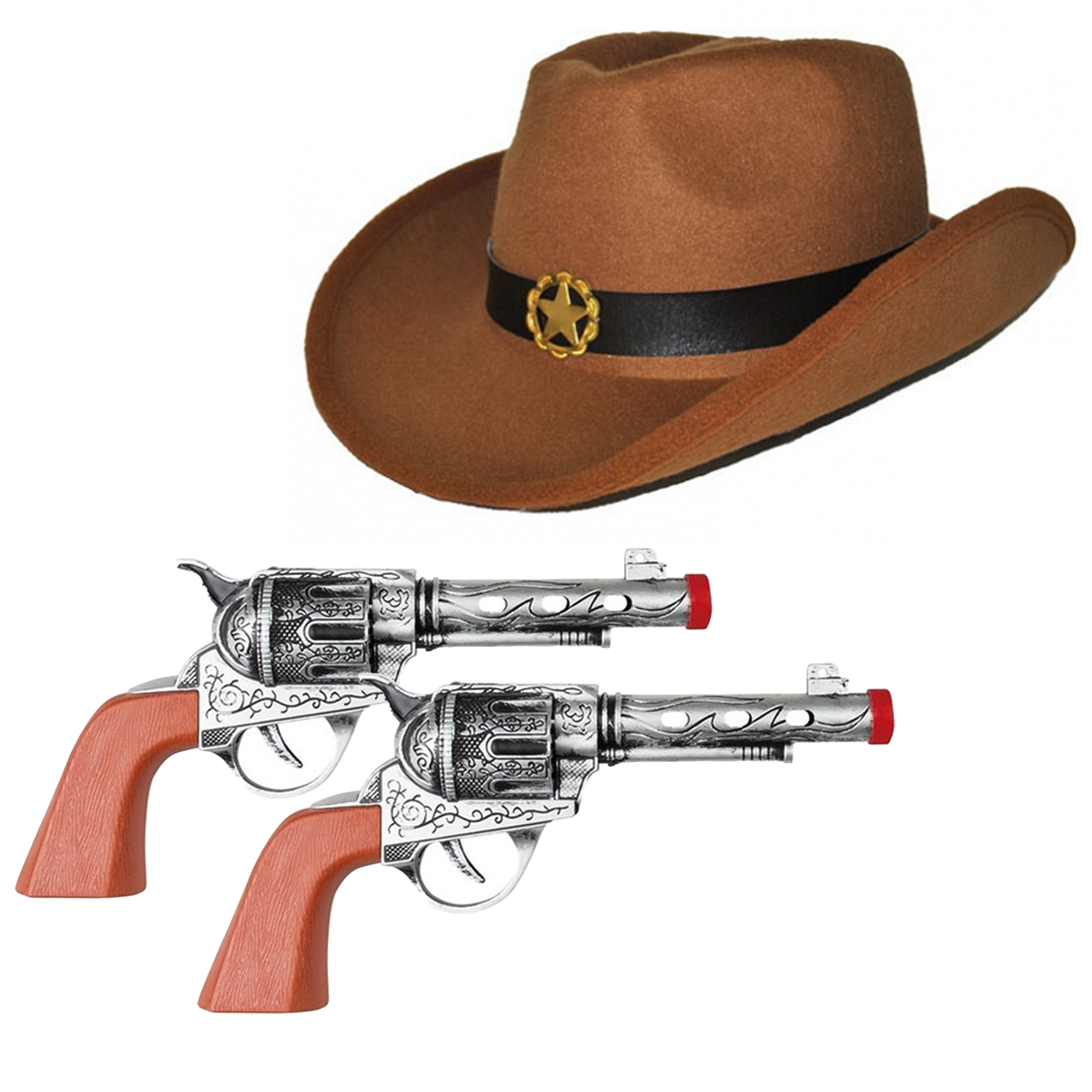 Cowboyhoed bruin en 2 revolvers verkleed set voor volwassenen