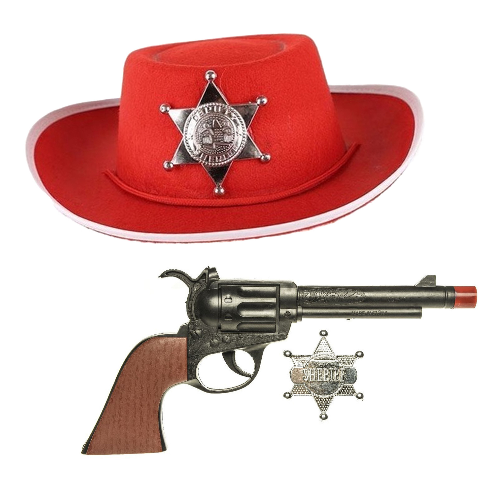 Cowboys speelgoed-verkleed hoed rood met revolver set kinderen 3-delig