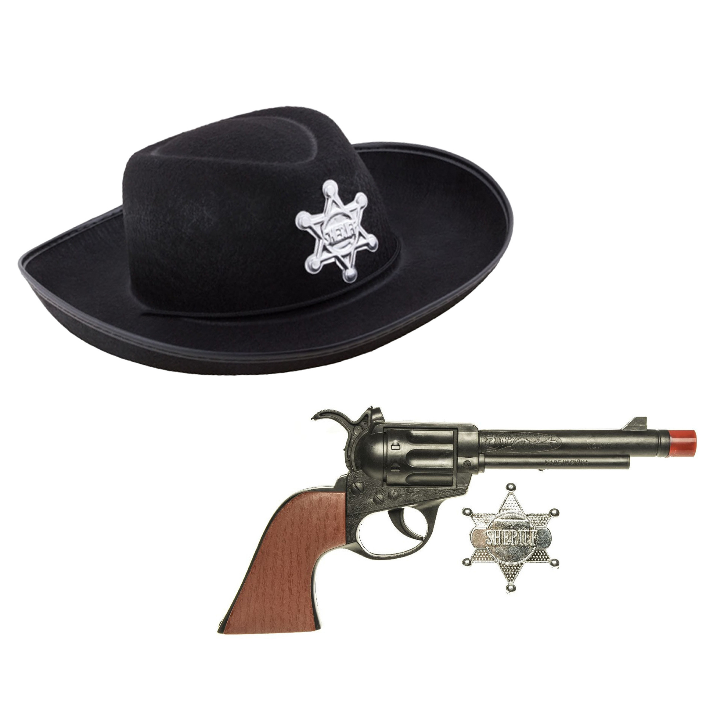 Cowboys speelgoed-verkleed hoed zwart met revolver set kinderen 3-delig