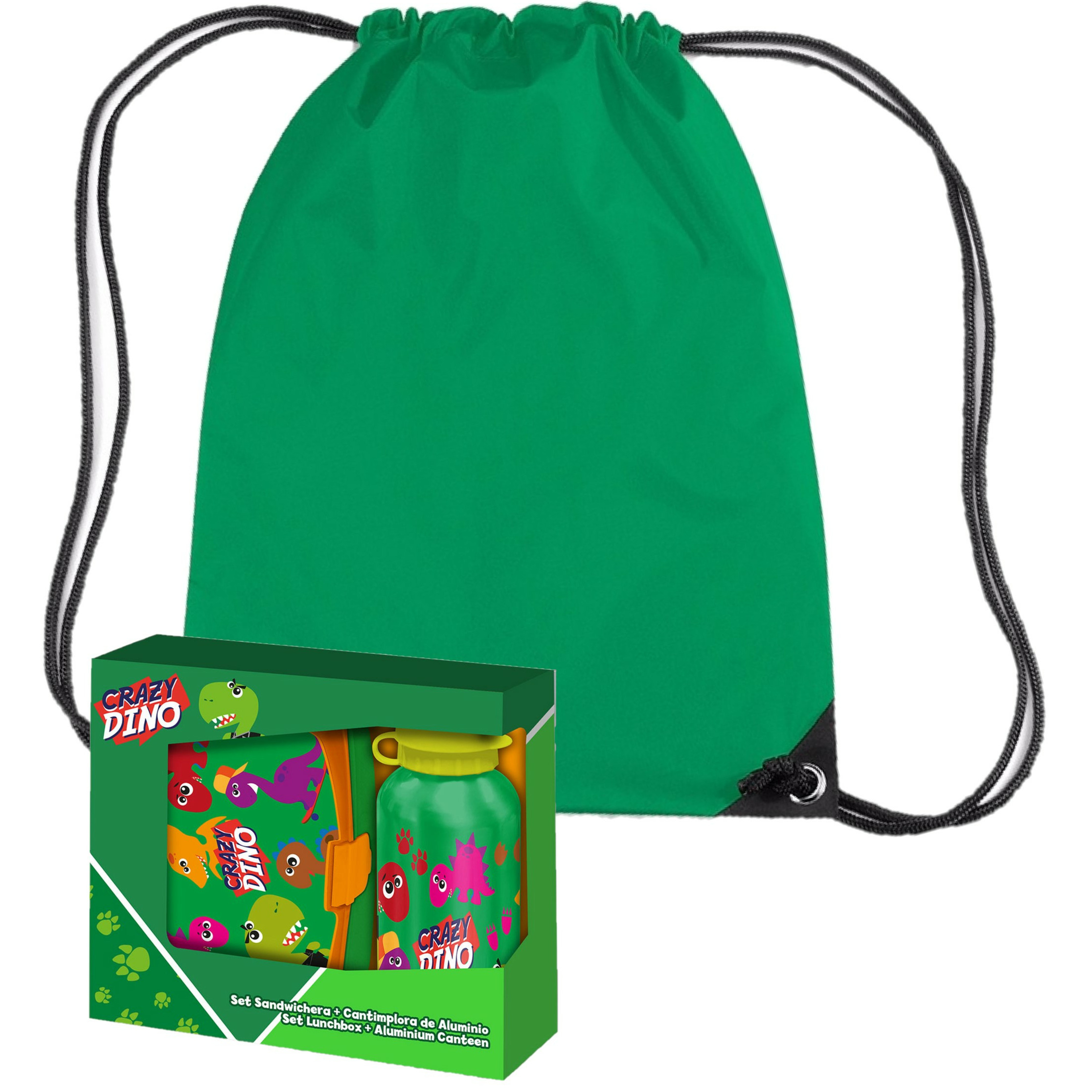 Crazy Dino lunchbox set voor kinderen 3-delig groen kunststof incl. gymtas-schooltas