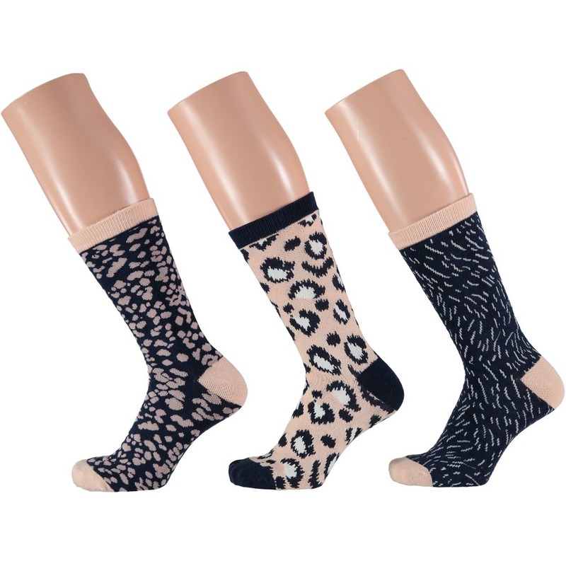 Dames fashion sokken 3-pak luipaard print beige-navy maat 35-42