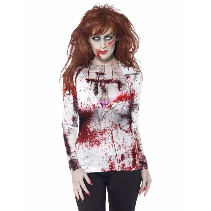 Dames shirt met bloederige zombie opdruk