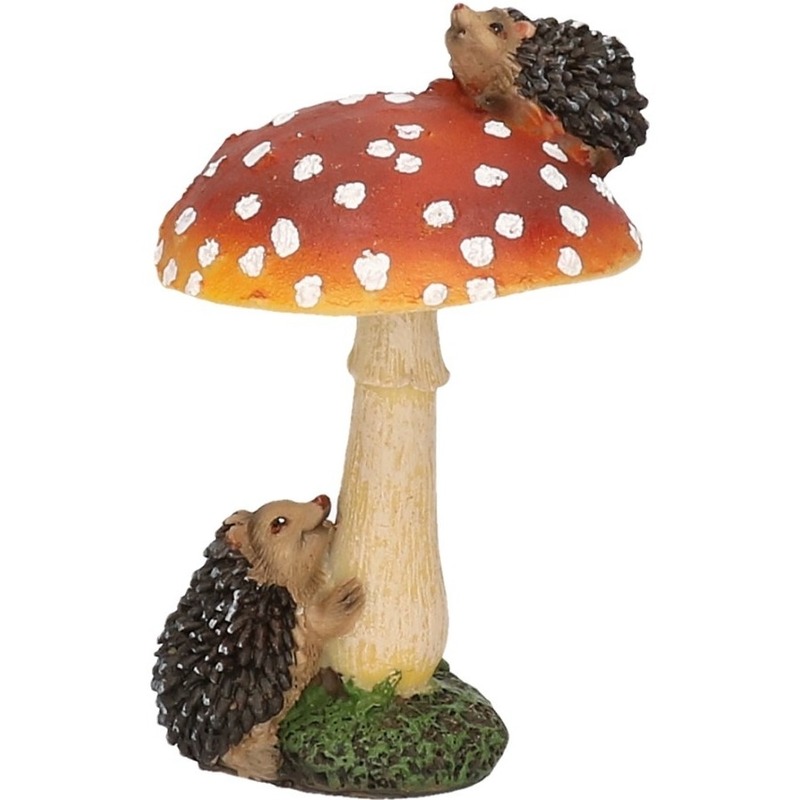 Decoratie huis-tuin beeldje paddenstoel met egeltjes 11 cm