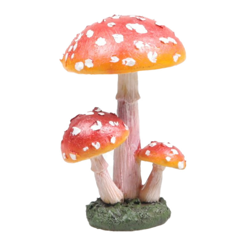 Decoratie huis-tuin beeldje paddenstoelen lage hoed vliegenzwammen rood-wit 10 cm