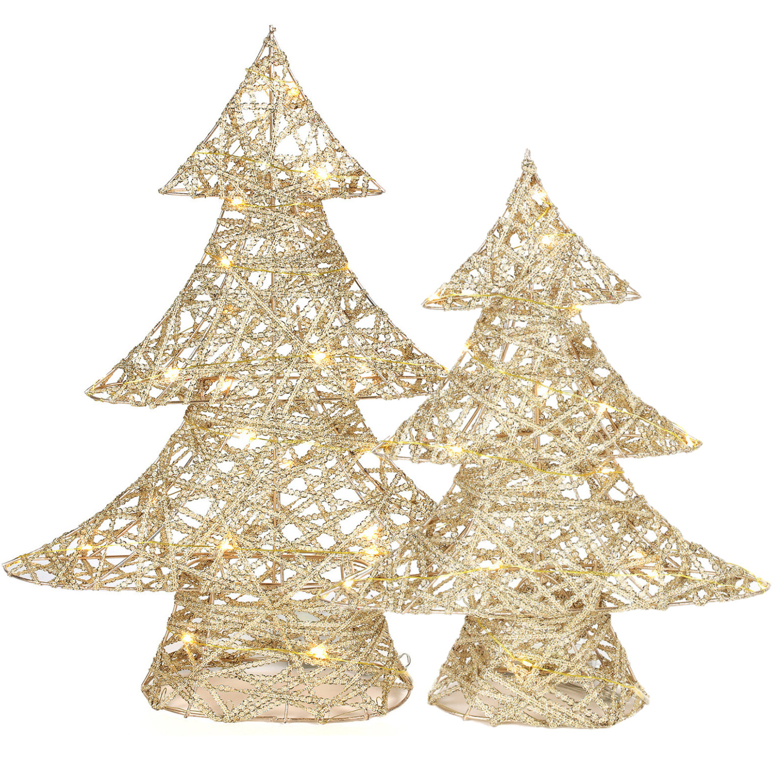 Decoratie kerstboompjes 2x st goud met verlichting H35 en h48 cm
