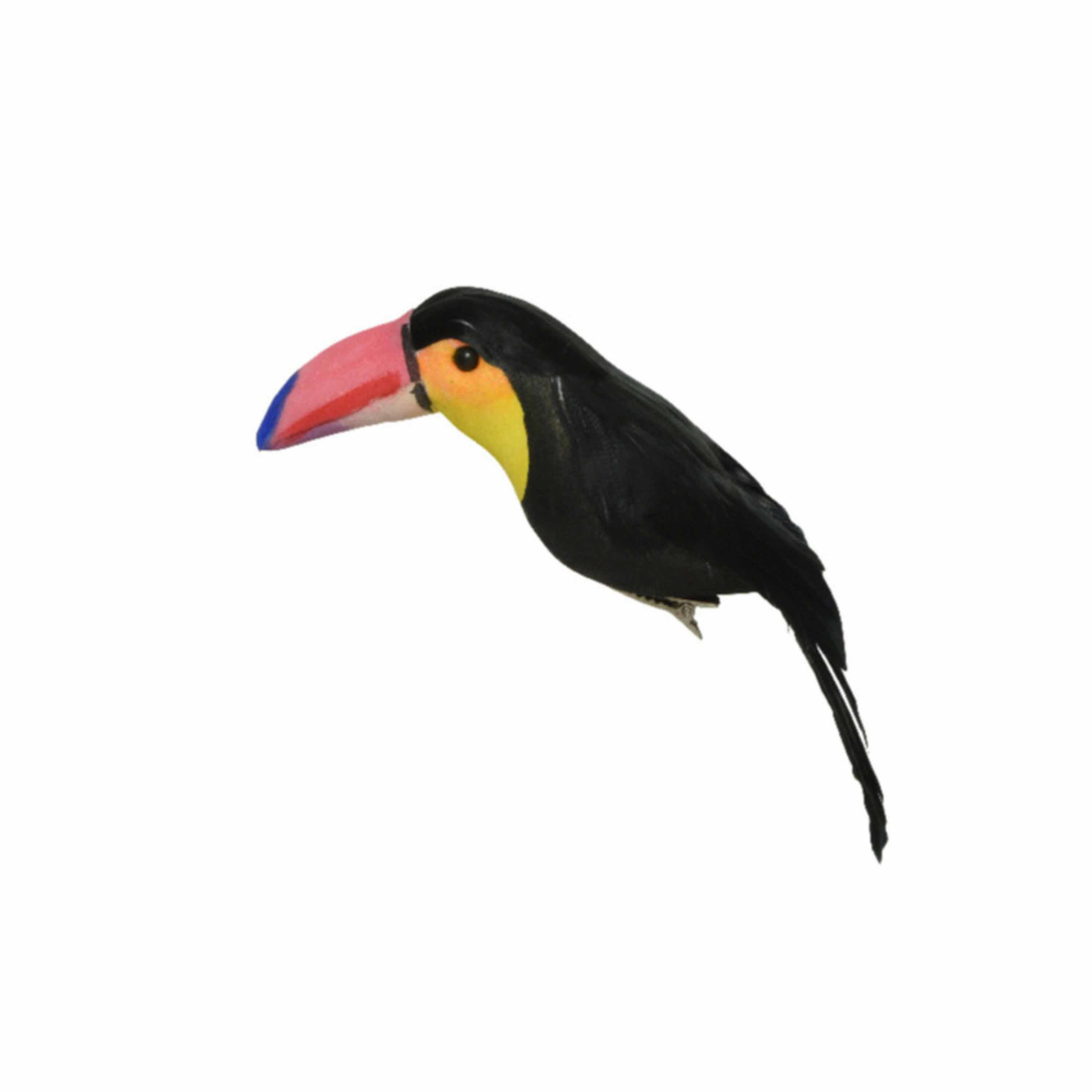 Decoratie kunststof vogel beeldje toekan op clip zwart-geel 18 cm