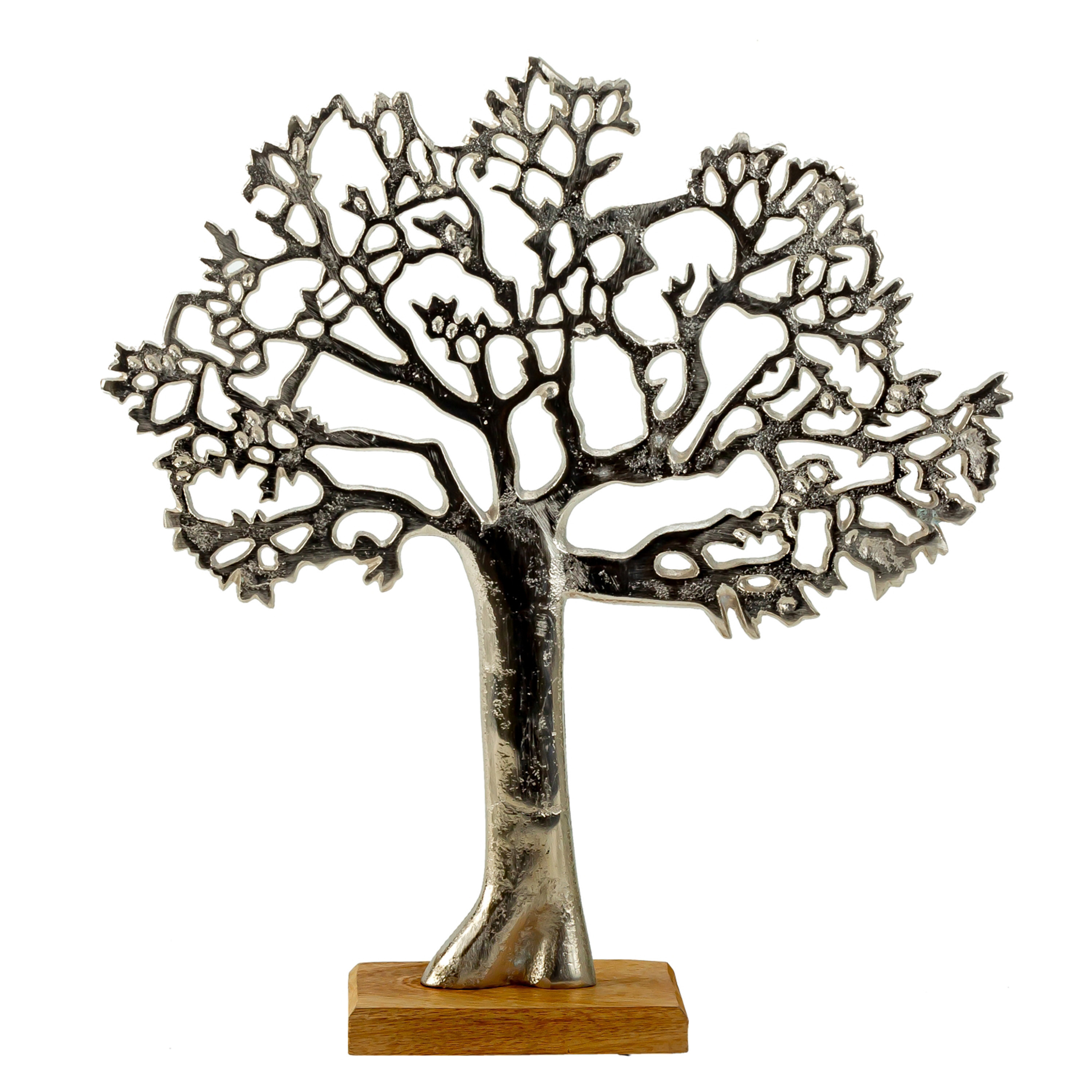 Decoratie levensboom Tree of Life aluminium-hout 31 x 34 cm zilver kleurig