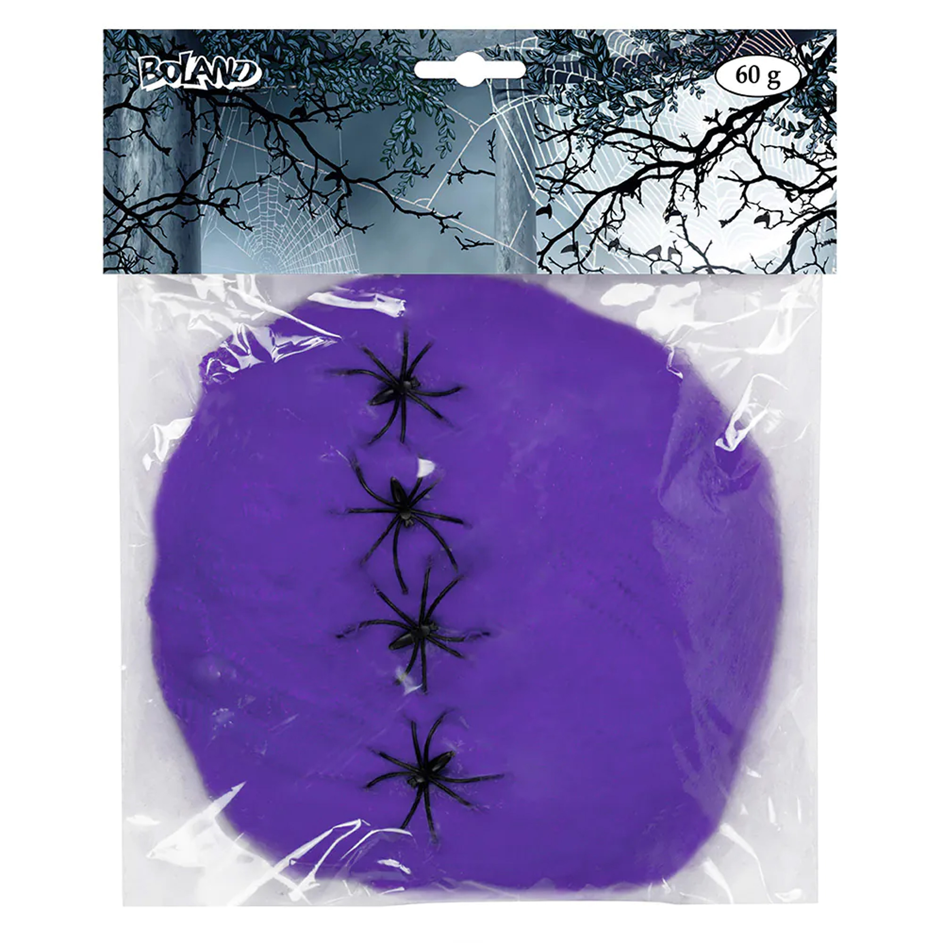 Decoratie spinnenweb-spinrag met spinnen 60 gram paars Halloween-horror versiering